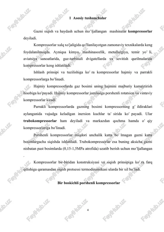 iqdorini ifodalaydi va quyidagi ifoda bilan topiladi: (1) r -diagrammada siqilish ishi: 12561 yuza bilan haydash ishi 43254 yuza bilan, so‘rilish ishi lsur esa 01640 yuza bilan tasvirlanadi. 7.2-rasmda keltirilgan diagrammadan ko‘rinib turibdiki, kompressor silindrining devorlaridan issiqlik olib ketilmaganda gazni siqish protsessi 1-2 adiabata bo‘yicha boradi. silindr devorlaridan issiqlik tez olib ketib turilganda protsess 1-2 izoterma bo‘yicha sodir bo‘ladi. ko‘rinib turibdiki, ikkala protsessdan izotermik protsess tejamlirok, chunki izotermik siqishda sarf bo‘ladigan ish adiabatik siqishdagiga qaraganda son jihatdan 12 21 yuzaga teng miqdorda kam bo‘ladi. lekin real kompressorda gazni izotermik siqib bo‘lmaydi, chunki silindrni sovituvchi suv havoni siqishda chiqadigan issiqlikning hammasini olib keta olmaydi. shuning uchun real sharoitlarda siqilish protsessi 1-2 politropa bo‘yicha ketadi. politropa chizig‘i izoterma va adiabata chizig‘i orasida bo‘lib, politropa ko‘rsatkichi pq 1,18 1,25 atrofida bo‘ladi. kompressor silindrida 1 kg siqishda sodir bo‘ladigan protsessning xarakteriga qarab, kompressorning to‘liq solishtirma ishi l turlicha qiymatga ega bo‘ladi. izotermik protsessda bo‘lganligi …