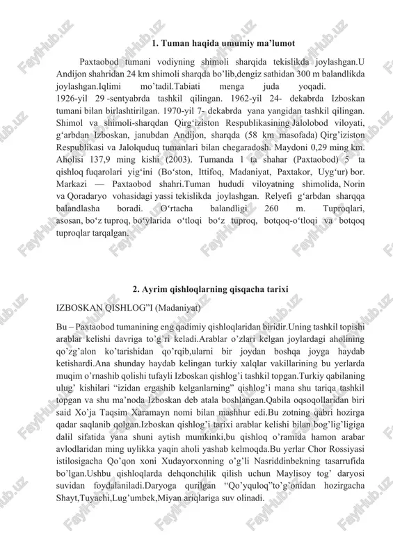 ojlangan qishloqlardan biridir.unda sobiq “kommuna” jamoa xo’jaligining 500 kishilik madaniyat saroyi,madaniyat-istirohat bog’i qishloq ko’rkiga ko’rk qo’shmoqda.xo’jalikning “madaniyat gullari”ansambli bir necha bor respublika tanlovlarining g’olibi bo’ldi. qashqar qishloq (uyg’ur) qashqar qishloq –uyg’urlarning shin-joy viloyatidan ko’chib kelib joylashishidan,ya’ni xix asr boshlaridan tashkil topgan qishloqdir.tarixiy manbalarda bayon qilinishicha,sharqiy turkiston uyg’urlarining turfon davlatini xitoylar bosib olganidan keyin,ularning mahalliy aholiga zulmi nihoyatda kuchayib ketadi.uyg’ur xalqi xitoyning sin imperiyasi hukmronligiga qarshi qo’zg’alon ko’taradi.ayniqsa,uch turfon qo’zg’aloni jiddiy tus oladi.qo’zg’alon rahbari hakimbek rahmatilla qo’qon xoni norbo’tabiy (1769-1800) dan yordam so’raydi.lekin,qo’qon xonidan yordam bo’lmadi.qo’zg’alon esa vaxshiyona bostirildi.xalqini jazodan saqlab qolish uchun abayli bek qishlog’ oqsoqoli 1000 uylik o’z fuqarosini farg’ona vodiysiga ko’chirib olib o’tadi. qo’qon taxtiga madalixon (1822-1842) chiqqandan keyin uyg’ur birodarlarga yordam berish uchun 1829-yilda xitoyga qarshi qo’shin tortadi.madalixon qo’shinlari qashqar atroflarini ishg’ol qiladi.toshkentdan yuborilgan qo’shin esa yorkent,xo’tan,oqsuvning muzort dovonigacha bo’lgan joylarni egallaydi.bunga javoban xitoy shin-jonga juda katta qo’shin yuboradi.madalixon kuchlar teng emasligini hisobga olib,qo’shiniga orqaga qaytishga buyruq …