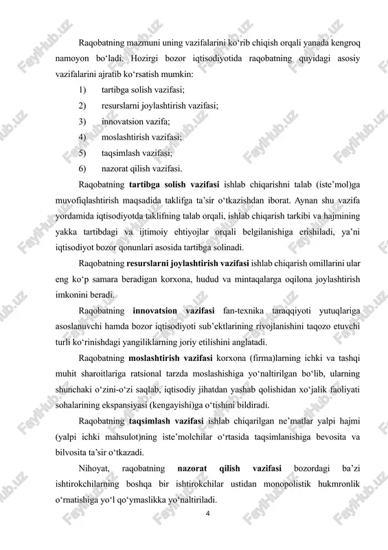 hki mahsulot)ning iste’molchilar o‘rtasida taqsimlanishiga bevosita va bilvosita ta’sir o‘tkazadi. nihoyat, raqobatning nazorat qilish vazifasi bozordagi ba’zi ishtirokchilarning boshqa bir ishtirokchilar ustidan monopolistik hukmronlik o‘rnatishiga yo‘l qo‘ymaslikka yo‘naltiriladi. raqobat kurashining mazmuni to‘g‘risida to‘laroq tushunchaga ega bo‘lish uchun uning asosiy shakllari va belgilarini ko‘rib chiqish zarur. o‘z miqyosiga ko‘ra raqobat ikki turga – tarmoq ichidagi va tarmoqlararo raqobatga bo‘linadi. tarmoq ichidagi raqobat tovar ishlab chiqarish va sotishning qulayroq sharoitiga ega bo‘lish, qo‘shimcha foyda olish uchun bir tarmoq korxonalari o‘rtasida boradi. har bir tarmoqdagi mavjud korxonalarning texnika bilan ta’minlanish va mehnat unumdorligi darajalari turlicha bo‘lganligi sababli, ushbu korxonalarda ishlab chiqarilgan tovarlarning individual (alohida) qiymati bir xil bo‘lmaydi. tarmoq ichidagi raqobat tovarlarning ijtimoiy qiymatini, boshqacha aytganda, bozor qiymatini aniqlaydi va belgilaydi. bu qiymat, odatda, o‘rtacha sharoitda ishlab chiqarilgan va muayyan tarmoq tovarlarining ahamiyatli qismini tashkil etadigan tovarlarning qiymatiga mos keladi. tarmoq ichidagi raqobat natijasida texnika darajasi va mehnat unumdorligi yuqori bo‘lgan korxonalar qo‘shimcha …