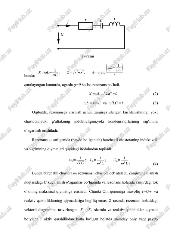 chastotasi = 1/ manba kuchlanishining chastotasi ga teng bo'lgandaxl=xc b(bl=bc) va ul=uc , (il=ic) bo'lib, reaktiv elementlardagi kuchlanish (tok)lar modul jihatdan bir-biriga teng hamda manba kuchlanishi (toki) dan bir necha marta ortib ketadi. elektr zanjirlaridagi bu rejim kuchlanishlar (toklar) rezonansi deb ataladi. bu rejimda zanjirning reaktiv quvvati nolga teng bo'ladi. rezonans yuzaga keladigan chastota rezonans chastotasi deb ataladi. elektr zanjirlarida rezonans rejimlaridan elektrotexnikada, radiotexnikada va elektr o'zgartgichlarda keng foydalaniladi. ayrim hollarda esa, zanjirda rezonans hodisasi yuzaga kelishi noqulayliklarni tug'diradi (masalan, uzatish liniyalarida va transformatorlarda kuchlanish va toklarni keskin ortib ketishi o’lchash asboblarini hamda izolyatsiyani ishdan chiqishiga olib keladi). kuchlanishlar rezonansir, l va celementlari ketma-ket ulangan zanjirni ko'rib chiqamiz (2.20-rasm, a). zanjirning kompleks qarshiligi: z=r+j(ωl - ) . kuchlanish rezonansi shartiga ko`ra: x=ωl-1/ωc=0 yoki ωl=1/ωc, bunda ωr=1/ — rezonans chastotasi. kuchlanish rezonansi rejimi uchun tok va kuchlanishlar vektor diagrammasi 8 – rasm, b da keltirilgan. unda reaktiv elementlardagi kuchlanishlarning modul qiymatlari …