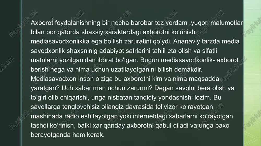 r bo‘lagi chunki teatrdagi tomoshalar orqali ham aholi o‘ziga kerakli malumotlarni olishgan va madaniy hordiq chiqarishgan. logan gutenberg tomonidan kitob chob etish yani yozuv terish mashinasi ixtiro qilganidan so‘ng kitob va gazetalar shakllangan . bugun biz ko‘rib turgan xolatga keldi. bu ham media uchun juda katta o‘zgarishdir. aleksandr popov tomonidan radio ixtiro qilingan. bugun radio medianing ajralmas qismi va qadimgi jarchilar o‘rnini bosmoqda. z televideniyaning paydo bo‘lishi kompyutr va internet resurslarining rivojlanishi medianing globallashuvini yanada tezlashtirdi va bugungi kunga kelib media xar bir xonadonga kirib keldi. axborot foydalanishning bir necha barobar tez yordam ,yuqori malumotlar bilan bor qatorda shaxsiy xarakterdagi axborotni ko‘rinishi mediasavodxonlikka ega bo‘lish zaruratini qo‘ydi. ananaviy tarzda media savodxonlik shaxsninig adabiyot satrlarini tahlil eta olish va sifatli matnlarni yozilganidan iborat bo‘lgan. z etiboringiz uchun raxmat!!! z image4.jpeg image5.jpeg image6.jpeg image7.png image8.jpeg image9.jpeg image10.jpeg image11.jpeg image2.png image3.png /docprops/thumbnail.jpeg