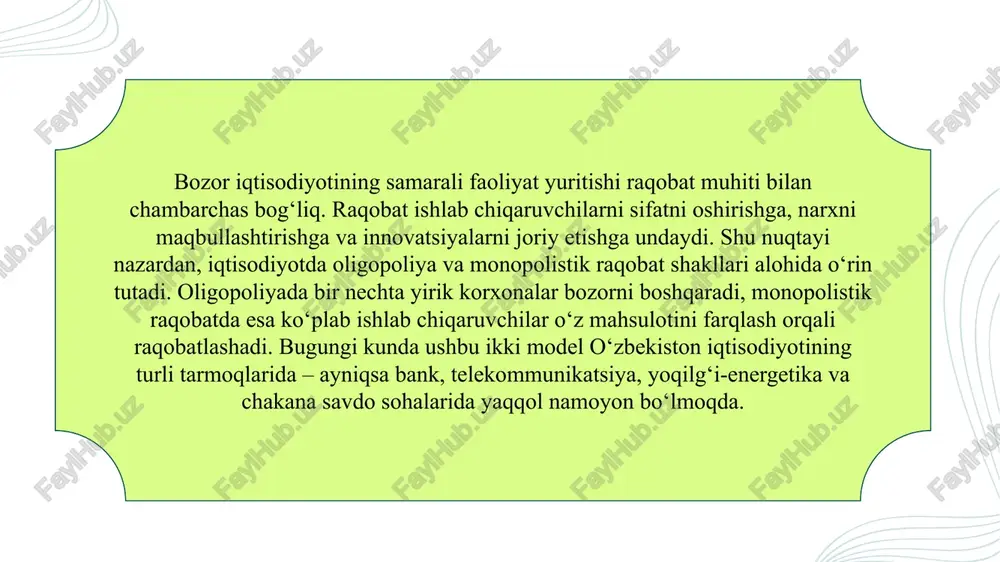 sosiy mexanizmdir. u ishlab chiqaruvchilarni samaradorlikka undaydi, resurslardan oqilona foydalanishga sabab bo‘ladi va narxlar barqarorligini saqlab turadi. raqobat sharoitida foyda olish uchun korxonalar texnologiyalarni yangilaydi, bu esa milliy iqtisodiyotning raqobatbardoshligini oshiradi. shuningdek, raqobat iste’molchilar manfaatlarini himoya qiladi, ularga tanlov imkonini beradi va sifatli mahsulot taklifini kengaytiradi. oligopol bozorining shakllanish mexanizmi oligopoliya bozori, odatda, ishlab chiqarishning yuqori miqdordagi kapital talab etuvchi tarmoqlarida shakllanadi. bunday sohalarda yangi raqobatchilarning kirib kelishi qimmat va xavfli bo‘lgani sababli, faqat bir nechta yirik korxonalar faoliyat yurita oladi. natijada bozor ulushi bir necha subyektlar qo‘lida to‘planadi. shuningdek, texnologik ustunlik, davlat litsenziyalari, infratuzilma ustidan nazorat kabi omillar ham oligopoliyalarning shakllanishiga turtki bo‘ladi. oligopol bozorida ishtirokchilar o‘zaro raqobatni cheklash yoki muvofiqlashtirish orqali foyda olishni maqsad qiladilar. shu sababli, bu turdagi bozorlar raqobat va monopoliya o‘rtasidagi oraliq holatni ifodalaydi. oligopoliya bozorining asosiy xususiyatlari oligopoliyadagi korxonalar o‘rtasida raqobat va hamkorlik strategiyalari oligopoliyada korxonalar bir vaqtning o‘zida ham raqobatlashadi, ham hamkorlik qiladi. …