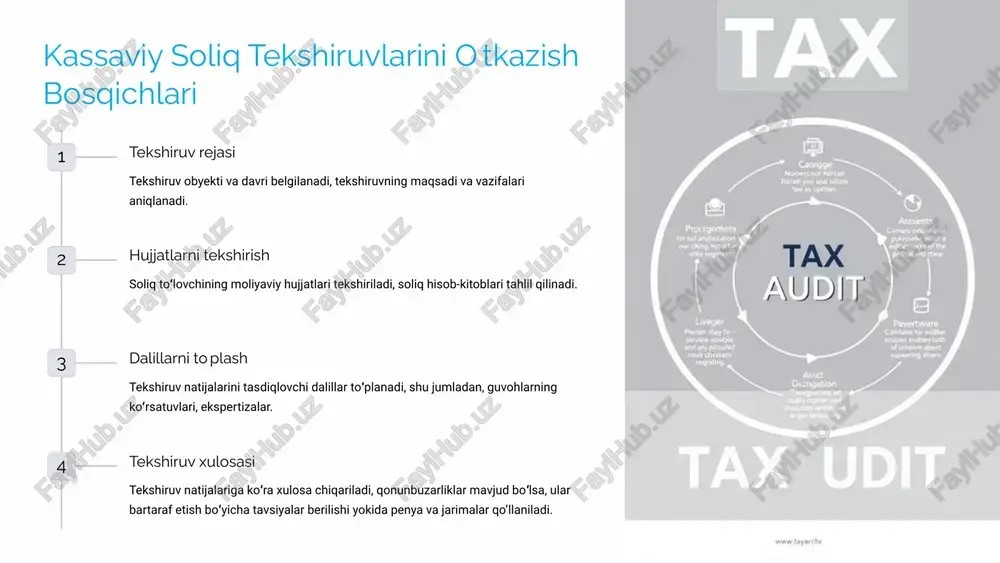 slar bo'yicha auditlar o'tkazadi, soliq bayonnomalarini tekshiradi va soliqni o'zgartirish yoki to'lashdan qochayotganlarni aniqlash uchun nazorat ishlari olib boradi. ichki va xalqaro hamkorlik: afip xalqaro soliq hamkorliklarini amalga oshiradi, shu jumladan, boshqa davlatlar bilan soliq ma'lumotlarini almashish va xalqaro soliq qonunlariga moslashish. texnik yordam va maslahat bo'limi: soliq to'lovchilarga qonunlar, hujjatlar va soliq to'lovlarida yordam ko'rsatish. soliq nazorati: afip soliq to'lovchilarining soliq to'lash majburiyatlarini bajarishini nazorat qiladi va noqonuniy faoliyatlarni, soliqni chetlab o'tishni aniqlaydi. texnik yordam va maslahat bo'limi: soliq to'lovchilarga qonunlar, hujjatlar va soliq to'lovlarida yordam ko'rsatish. argentina soliq tizimida turli xil auditlar mavjud - qisman audit: bu auditda soliq to'lovchining soliq bayonnomalari yoki moliyaviy hisobotlarining faqat bir qismi tekshiriladi. - to'liq audit: bunda soliq to'lovchining barcha soliq bayonnomalari va moliyaviy hujjatlari keng qamrovli tarzda tekshiriladi. - ko'rsatkichga asoslangan audit: agar afip biror soliq to'lovchida yuqori risklar yoki shubhalar sezsa, bu audit turini tanlashi mumkin. masalan, agar soliq to'lovchi …