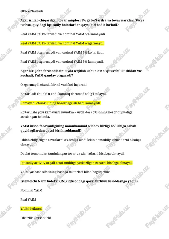 nflatsiyani haddan tashqari oshirib ko’rsatadi. istemolchi narx indeksi inflatsiyani kamaytirib ko’rsatadi. yaim deflatori inflatsiyani haddan tashqari oshirib ko’rsatadi. yaim deflatori inflatsiyani kamaytirib ko’rsatadi. agar istemolchi narx indeksi 1980-yil uchun 200 va hozirgi yil uchun 300 ga teng bo’lsa, 1980-yildagi $600 hozirgi kunda qanchaga teng bo’ladi? $400 $500 $700 $900 davlatning hududiy qismlarida yashash xarajatlarining har xil bo’lishiga quyidagi tovarlarning qaysi birining narxi sabab bo’ladi? oziq-ovqat kiyim-kechak uy-joy tibbiy xarajatlar omonat hisob varag’ingizga $2,000 mablag’ qo’ydingiz va bir yildan keyin sizning hisobingizda $2,100 bo’ldi. shu vaqt davomida istemolchi narx indeksi esa 200 dan 204 ga ko’tarildi. bu holatda, nominal foiz stavkasi va real foiz stavkasi nechiga teng bo’ladi? 1; 5 3; 5 5; 1 5; 3 oxirgi 1 asr davomida, amerikada inson jon boshiga hisoblangan real yaim yiliga ______% o’sib keldi va bu yaim miqdori har _____ yilda ikki baravarga o’sishiga teng bo’lgan. 2; 14 2; 35 5; 14 5; 35 …