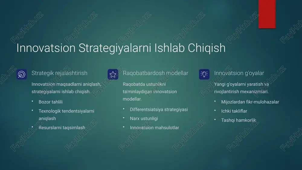 ardan qo'rqishadi va mavjud usullarni saqlab qolishga harakat qilishadi. misol uchun, davlat tashkilotlarida yangi texnologiyalarni joriy etish, xodimlarning qarshiligiga uchrashi mumkin, chunki ular yangi tizimlarni o'rganishga tayyor emaslar. muvofiqlashtirishning yetishmasligi turli bo'limlar va xodimlar o'rtasida innovatsion faoliyatni muvofiqlashtirishdagi qiyinchiliklar. turli bo'limlar o'rtasida ma'lumot almashinuvi va hamkorlikning yetishmasligi, innovatsion jarayonni to'xtatib qo'yishi mumkin. misol uchun, avtomobilsozlik kompaniyalarida dizayn va muhandislik bo'limlari o'rtasidagi kelishmovchiliklar, yangi modellarni ishlab chiqish muddatlarini uzaytirishi mumkin. 6 korxonalarda innovatsiyalarni quyidagi bosqichlarga bo’lish mumkin g'oyalar yaratish yangi g'oyalar va imkoniyatlarni aniqlash va generatsiya qilish. bu bosqichda, brainstorming sessiyalari, tadqiqotlar va mijozlardan fikr-mulohazalar yig'ish orqali yangi g'oyalar yaratiladi. saralash va baholash eng istiqbolli g'oyalarni tanlash va ularni baholash. bu bosqichda, g'oyalar bozorda muvaffaqiyatga erishish imkoniyati, resurslar talabi va strategik moslik kabi mezonlar asosida saralanadi. tajriba-sinov tanlangan g'oyalarni amaliyotda sinab ko'rish va ularni takomillashtirish. bu bosqichda, minimal qulay mahsulot (mvp) yaratiladi va real sharoitlarda sinovdan o'tkaziladi. joriy etish muvaffaqiyatli tajriba-sinov …