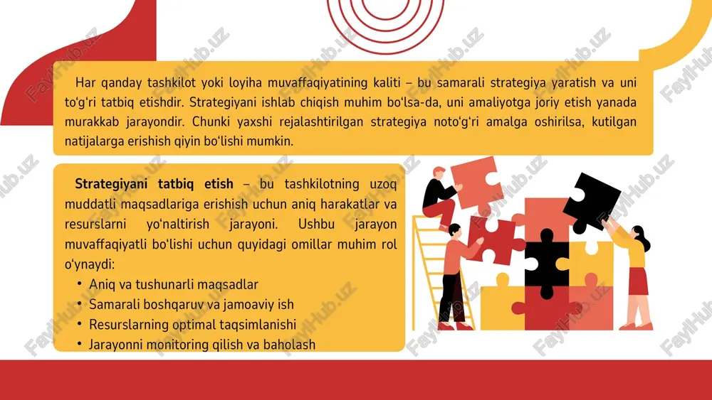 da amalga oshirilishi mumkin. yechim: ichki kommunikatsiyani kuchaytirish (uchrashuvlar, xabarlar, taqdimotlar) rahbarlar va jamoalar o‘rtasida doimiy aloqa o‘rnatish fikr-mulohazalarni to‘plash va xodimlarning ishtirokini oshirish 5. monitoring va nazoratning yetishmovchiligi muammo: agar strategiyaning ijrosi doimiy kuzatilmasa, xatolar vaqtida aniqlanmaydi va natijalar yomonlashishi mumkin. yechim: doimiy monitoring tizimini joriy etish natijalarni baholash uchun aniq mezonlarni ishlab chiqish muntazam ravishda hisobotlar tayyorlash va tuzatishlar kiritish mckinsey’s 7s modeli va strategiyani tatbiq etish mckinsey’s 7s modeli – bu tashkilot ichidagi muhim elementlarning o‘zaro bog‘liqligini ko‘rsatadigan tahliliy vositadir. ushbu model kompaniyaning strategiyasini samarali amalga oshirish uchun 7 ta muhim omil o‘rtasidagi muvozanatni ta’minlash zarurligini tushuntiradi. mckinsey’s 7s modelining asosiy tarkibiy qismlari strategy (strategiya) – kompaniyaning uzoq muddatli yo‘nalishi va asosiy maqsadlari. structure (tuzilma) – tashkilotning boshqaruv tizimi va ichki tuzilishi. systems (tizimlar) – tashkilotdagi operatsion jarayonlar, qoidalar va ichki mexanizmlar. shared values (umumiy qadriyatlar) – tashkilot madaniyati, missiyasi va qadriyatlari. style (boshqaruv uslubi) – rahbariyatning …