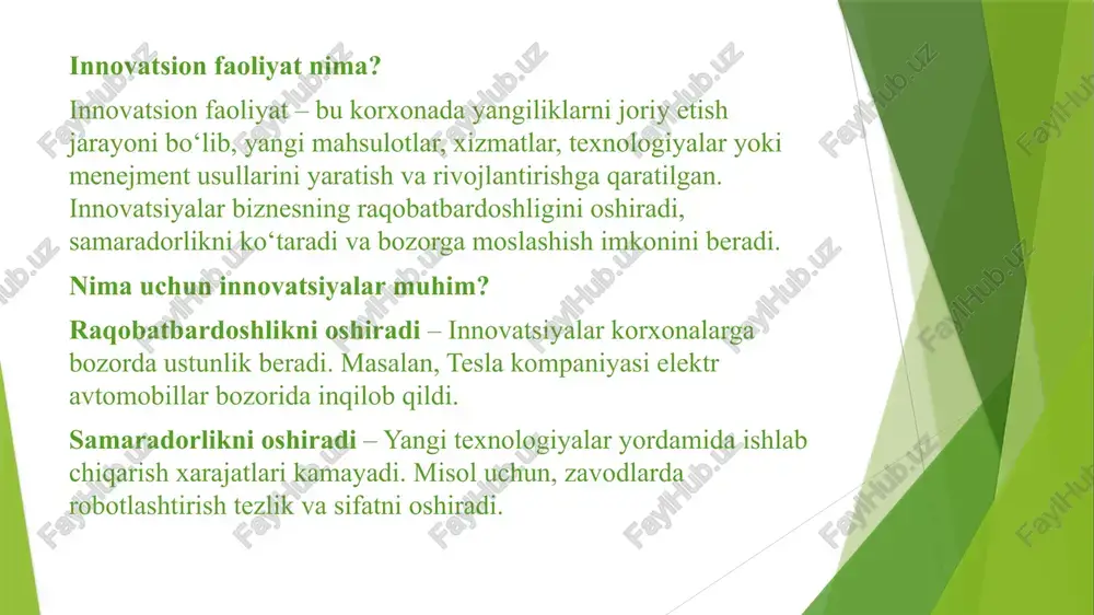 : google o‘z xodimlariga 20% vaqtini yangi g‘oyalar ustida ishlash uchun beradi, natijada gmail va google maps kabi mahsulotlar yaratilgan. 2. tadqiqot va rivojlantirish (r&d) g‘oya bo‘yicha ilmiy-texnik tadqiqotlar o‘tkaziladi. misol: tesla elektromobillar uchun samarador batareyalar ustida ishlaydi. 3. prototiplash va sinov mahsulot yoki xizmatning dastlabki versiyasi yaratiladi va sinovdan o‘tkaziladi. misol: apple har bir yangi iphone modelini chiqarishdan oldin ko‘plab sinovlardan o‘tkazadi. 4. bozorga chiqish va joriy etish mahsulot ishlab chiqarilib, marketing va sotuv strategiyalari ishlab chiqiladi. misol: netflix yangi filmlar va seriallarni e’lon qilishdan oldin ularga reklama strategiyasini ishlab chiqadi. 5. natijalarni tahlil qilish va takomillashtirish innovatsiyaning samaradorligi baholanadi va kerakli o‘zgarishlar kiritiladi. misol: amazon doimiy ravishda mijozlar fikrlarini o‘rganib, xizmatlarini yaxshilaydi. innovatsiyalarni muvaffaqiyatli joriy etish uchun tavsiyalar 1.xodimlarni innovatsion fikrlashga rag‘batlantirish 2.bozor va iste’molchilar talabini chuqur o‘rganish 3.davlat va xususiy sektor hamkorligini yo‘lga qo‘yish 4.innovatsiyaga ajratilgan resurslardan oqilona foydalanish to‘g‘ri rejalashtirilgan innovatsion jarayon korxonaning uzoq muddatli muvaffaqiyatini …