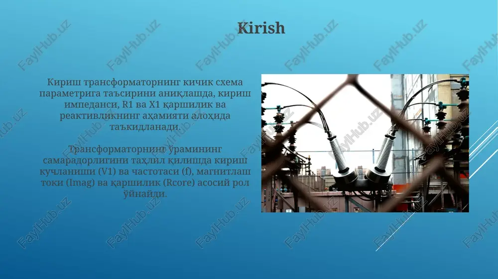 orda yo'qotishlarni hisoblash orqali samaradorlikni aniqlashda olingan natijalar, kirish quvvati va chiqish quvvati o'rtasidagi farqni ko'rsatadi, masalan, 2% dan 5% gacha. tahlil shuni ko'rsatadiki, yuk ko'payishi bilan samaradorlik dastlab ortadi, lekin ma'lum nuqtadan keyin o'zgarishsiz qoladi, odatda 50% dan 75% gacha bo'lgan yukda maksimal qiymatga erishiladi. xulosa xulosa qismida transformator samaradorligini aniqlash usullarining (bevosita va bilvosita) qiyosiy tahlili 98% samaradorlikka erishishning optimal sharoitlarini ko'rsatadi. transformatorning samaradorligiga ta'sir etuvchi omillar, jumladan, yuklama darajasi, quvvat koeffitsienti va magnit o'tkazuvchanlikning temperaturaga bog'liqligi 0.8-1.0 oraliqda ekanligi ta'kidlanadi. e'tiboringiz uchun rahmat image1.png image2.jpg image3.jpg image4.jpg image5.jpg image6.jpg image7.jpg image8.jpg image9.jpg image10.jpg image11.jpg image12.jpg