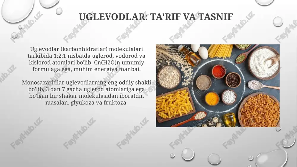 bolizmidagi roli insulin qondagi glyukozaning hujayralar tomonidan so'rilishini oshiradi, ayniqsa mushak va yog' to'qimalarida, glut4 transporterlarining membrana migratsiyasini rag'batlantirib, qon shakarini pasaytiradi. insulin jigar glikogenezini, ya'ni glyukozadan glikogen sintezini faollashtiradi va glikogenolizni (glikogen parchalanishini) inhibe qiladi, natijada jigarda glyukoza zaxiralari ko'payadi. glyukagonning uglevod metabolizmidagi roli glyukagon jigarda glikogenolizni, ya'ni glikogenni glyukozaga parchalanishini faollashtiradi, bu esa qonda glyukoza darajasini oshiradi. glyukagon glyukoneogenezni, ya'ni jigarda glyukozaning yangi hosil bo'lishini rag'batlantiradi, bu jarayonda aminokislotalar va glitseroldan glyukoza sintezlanadi. uglevod metabolizmining buzilishlari galaktozemiya – galaktoza-1-fosfat uridiltransferaza fermentining yetishmovchiligi tufayli galaktozani metabolizatsiya qila olmaslik, bu esa jigar shikastlanishiga va aqliy zaiflikka olib kelishi mumkin. glikogen saqlash kasalliklari – glikogen sintezi yoki parchalanishida ishtirok etuvchi fermentlarning genetik nuqsonlari, masalan, i turdagi (von girk kasalligi) gipoglikemiya va gepatosplenomegaliya bilan xarakterlanadi. e'tiboringiz uchun rahmat image4.png image3.png image5.jpg image6.jpg image7.jpg image8.jpg image9.jpg image10.jpg image11.jpg image12.jpg image13.jpg image14.jpg image15.jpg image16.jpg image1.png