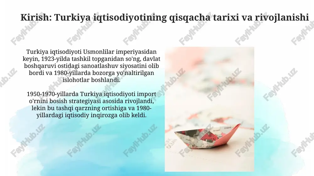 vtomobilsozlik va to'qimachilik kabi sohalar yaimning muhim qismini tashkil etadi, 2023-yilda sanoatning ulushi 25% dan oshdi, bu esa eksportga yo'naltirilgan o'sishni ko'rsatadi. energetika sektori: resurslar va siyosat turkiya import qilinadigan energiya manbalariga, xususan, tabiiy gazga juda bog'liq bo'lib, bu 2023-yilda import qilingan energiya uchun 50 milliard dollardan ortiq mablag 'sarflashga olib keldi. turkiya o'zining energiya portfelini diversifikatsiya qilishni maqsad qilgan va 2023-yilga kelib mamlakatning energiya ishlab chiqarishining 50 foizdan ortig'i qayta tiklanadigan manbalarga to'g'ri keladi. ish bilan ta'minlash, infratuzilmani rivojlantirish va siyosiy ta'sir turkiyaning ish bilan ta'minlash darajasi 2023-yilda 46.2% ni tashkil etdi, bu esa 2022-yilga nisbatan biroz o'sishni ko'rsatadi, lekin yevropa ittifoqi o'rtacha ko'rsatkichidan pastroqdir. turkiya infratuzilmasiga 2024-yilgi davlat budjetidan 1.3 trillion turk lirasi ajratilgan, bu transport va energiya sohalaridagi loyihalarga yo'naltiriladi, xususan yangi temir yo'llar qurilishi. e'tiboringiz uchun rahmat image2.png image3.jpg image4.jpg image5.jpg image6.jpg image7.jpg image8.jpg image9.jpg image10.jpg image11.jpg image12.jpg image13.jpg image1.png