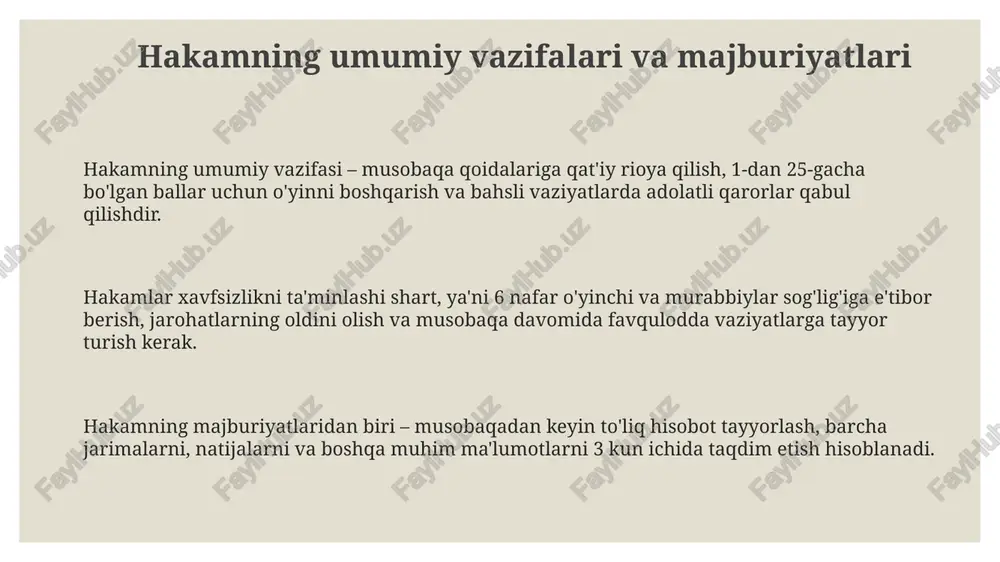 kerak. javobgarlik va sanksiyalar hakamlar o'yin qoidalarini buzganlik uchun ogohlantirish olishlari mumkin, bu esa keyinchalik jiddiyroq sanksiyalar, masalan, ma'lum muddatga musobaqalardan chetlatishga olib kelishi mumkin. hakamning o'yin natijasiga ta'sir qiladigan noto'g'ri qarori, o'yinni qayta ko'rib chiqishga yoki hakamlik litsenziyasini bekor qilishga olib kelishi mumkin bo'lgan rasmiy shikoyatga sabab bo'lishi mumkin. musobaqa davomida xavfsizlik qoidalariga rioya qilmaslik, masalan, maydonni to'g'ri tekshirmaslik natijasida jarohat olish holatlari uchun hakam ma'muriy yoki huquqiy javobgarlikka tortilishi mumkin. e'tiboringiz uchun rahmat