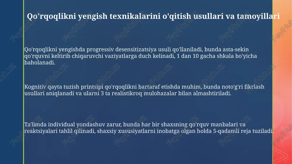 oratni baholash usullari va salomatlikni mustahkamlash strategiyalari jasoratni baholashda 5 ballik likert shkalasi qo'llanilishi mumkin, bunda har bir ball salomatlik strategiyasini amalga oshirishga qanchalik tayyor ekanligini ko'rsatadi. salomatlikni mustahkamlash strategiyalari jismoniy faollikni oshirish, ratsional ovqatlanishni tashkil etish va stressni boshqarish texnikalarini o'z ichiga oladi. salomatlikni mustahkamlashda 'smart' maqsadlaridan foydalanish samarali, ya'ni aniq (specific), o'lchanadigan (measurable), erishish mumkin bo'lgan (achievable), real (relevant) va vaqt bilan chegaralangan (time-bound). e'tiboringiz uchun rahmat image2.png image3.png