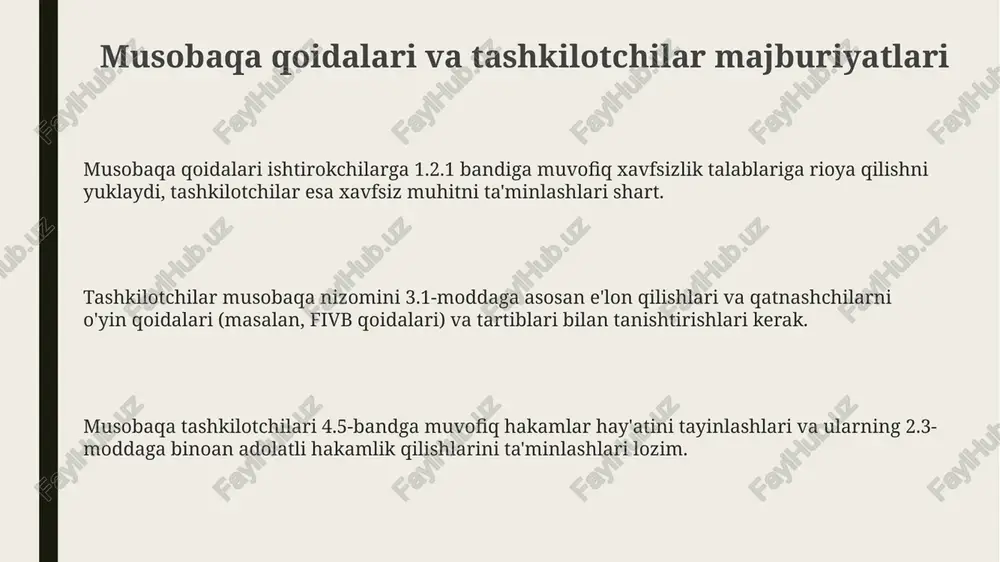 xodimlar har 10 daqiqada sportchilarning ahvolini kuzatib borishi, birinchi tibbiy yordam ko'rsatish uchun kerakli vositalar bilan ta'minlangan bo'lishi shart. mukofotlash marosimida 1-o'rinni olgan jamoaga kubok, medallar va diplomlar topshiriladi, shuningdek, homiylar tomonidan qo'shimcha sovg'alar berilishi mumkin. shuningdek, eng yaxshi o'yinchilar ham taqdirlanadi. musobaqa natijalari protokollarga kiritiladi, veb-saytda e'lon qilinadi va 3 kun ichida tashkilotchilar tomonidan rasmiy hisobot tayyorlanib, federatsiyaga taqdim etiladi. bu jarayon qat'iy nazorat qilinadi. e'tiboringiz uchun rahmat