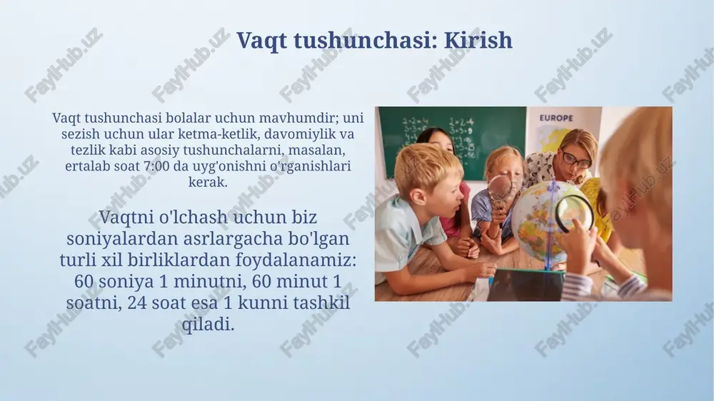i vaqtni taxminan aniqlashgan. mexanik soatlar 14-asrda yevropada paydo bo'lib, ular g'ildiraklar va og'irliklar yordamida vaqtni o'lchashgan. bu soatlar kuniga bir necha daqiqa xatolikka ega bo'lishi mumkin edi. kundalik tartibni o'rgatish "kundalik tartibni o'rgatish"da, 3-5 yoshdagi bolalar uchun rasmli kartochkalar orqali ertalabki 7:00da uyg'onish, 8:00da nonushta qilish kabi vazifalarni vizualizatsiya qilish muhim. 6-8 yoshdagi bolalar uchun soat va daqiqa tushunchalarini o'rgatish orqali, masalan, "15 daqiqa o'qish" yoki "yarim soat o'yin" kabi vaqt oralig'ini tushuntirish foydali. vaqtni baholash o'yinlari 'soat qancha?' o'yini bolalarga raqamli va analog soatlarni farqlashga yordam beradi; har bir to'g'ri javob uchun 1 ball beriladi. kum soati bilan 'qancha vaqt?' o'yinida bolalar 30 soniya, 1 daqiqa kabi vaqt oralig'ini taxmin qilishni o'rganadi hamda baholash qobiliyatini rivojlantiradi. interaktiv mashqlar va faoliyatlar interaktiv mashqlar va faoliyatlar vaqtni o'rgatishda samaradorlikni oshiradi, masalan, 5 yoshli bolalar uchun 15 daqiqalik o'yinlar hisni rivojlantiradi. 3-4 yoshli bolalar uchun moslashuvchanligi juda muhim, shuning uchun 10 …