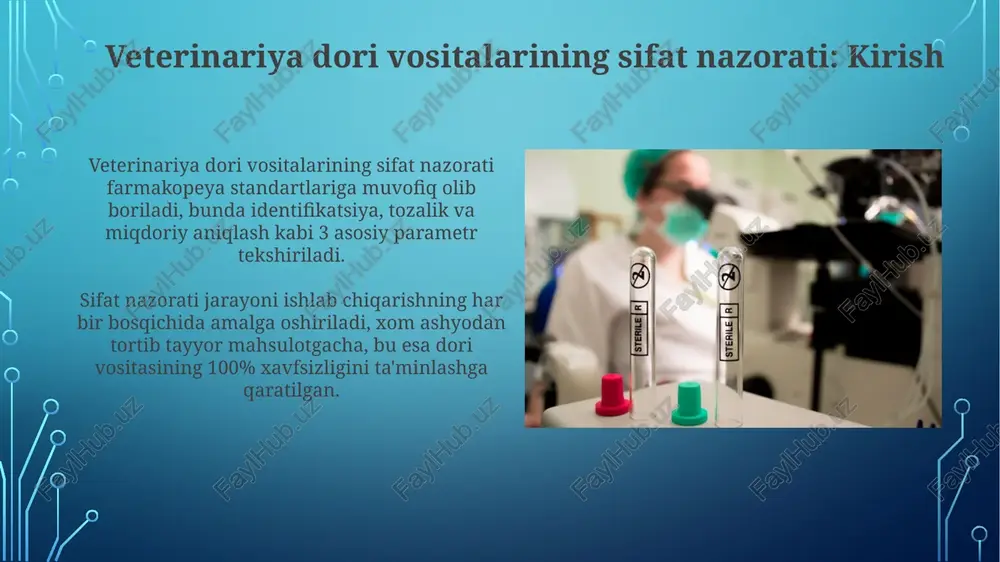 iy jarayonni tekshirish, bu sifatni ta'minlashning muhim qismidir. sifatni ta'minlash iso 9000 standartlari asosida amalga oshiriladi va glp, gmp kabi yaxshi amaliyotlar bilan birgalikda mahsulot sifatining kafolatlanishini ta'minlaydi. namunalar tayyorlash va tahlil qilish namuna tayyorlashda homogenlikka erishish uchun maydalash va aralashtirish kabi usullar qo'llaniladi, bu tahlil natijalarining aniqligini oshiradi. spektrofotometrik tahlilda faol moddaning yutilish koeffitsienti (ε) aniqlanadi, bu moddaning konsentratsiyasini 200 nm dan 800 nm gacha to'lqin uzunligida baholash imkonini beradi. xulosa va kelajakdagi tendentsiyalar kelajakda yuqori aniqlikdagi spektrometrik usullar, masalan, lc-ms/ms, veterinariya preparatlarida aktiv moddalarni miqdoriy aniqlashda 30% gacha keng qo'llaniladi. farmakogenomika veterinariya dorilarining sifat nazoratida 25% gacha rol o'ynaydi, dorilarning samaradorligini oshirish va nojo'ya ta'sirlarni kamaytirish uchun moslashtirilgan dozalashni ta'minlaydi. e'tiboringiz uchun rahmat image3.jpg image4.jpg image5.jpg image6.jpg image7.jpg image8.jpg image9.jpg image10.jpg image11.jpg image12.jpg image13.jpg image14.jpg image2.png
