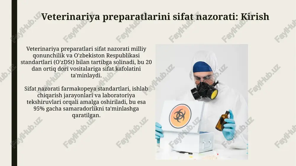 viy 'fingerprint' ini olish mumkin. suyuq xromatografiya-mass spektrometriya (lc-ms) kabi usullar preparatning tarkibiy qismlarini aniqlab, standart namunalar bilan solishtirish orqali sifatini baholaydi. tozalik testlari: aralashmalarni aniqlash nozik qatlam xromatografiyasi (tlc) 0,1% dan ortiq aralashmalarni ajratishda ishlatiladi, rf qiymatlari va standartlar bilan solishtirib, sifat nazoratini ta'minlaydi. yuqori samarali suyuqlik xromatografiyasi (hplc) 0,05% gacha aralashmalarni aniqlash uchun qo'llaniladi; uv detektor bilan aniqlik oshiriladi va miqdoriy baho beriladi. miqdoriy tahlil: faol moddaning miqdorini aniqlash miqdoriy tahlil faol moddaning miqdorini aniqlashda muhim. hplc usuli, masalan, kamida 98% tozalikdagi moddani aniqlaydi, normativ hujjatlarga muvofiq bo'lishi kerak. titrlash usuli, aniqligi 0.1 n eritma bilan ta'minlanadi, faol moddaning miqdorini belgilashda keng qo'llaniladi. farmakopeya standartlariga mos kelishi talab etiladi. eruvchanlik va tarqalish testlari eruvchanlik testlari dori vositasining ma'lum vaqt oralig'ida erishi foizini aniqlaydi, bu esa bioavailability ko'rsatkichi sifatida xizmat qiladi, masalan 75% eruvchanlik 45 daqiqada. tarqalish testlari dori moddasining granula yoki tabletkadan ajralib chiqish tezligini o'lchaydi, diffuziya qonuniyatlariga …