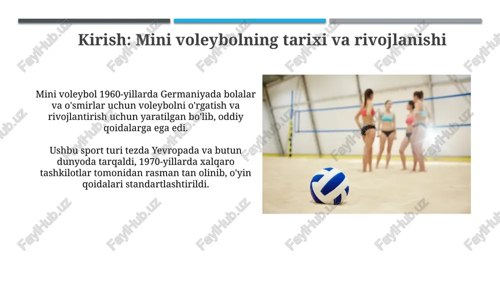 hko farqi paydo bo'lguncha davom etadi. ba'zi mini voleybol musobaqalarida o'yin vaqti cheklangan bo'lishi mumkin, masalan, 20 daqiqa davom etadigan 2 set, bunda eng ko'p ochko to'plagan jamoa g'olib deb topiladi. hakamlik vazifalari hakam birinchi navbatda o'yin boshlanishidan oldin maydon, to'r va boshqa uskunalar xalqaro voleybol federatsiyasi (fivb) standartlariga muvofiqligini tekshiradi va tasdiqlaydi. hakam o'yin davomida qoidabuzarliklarni aniqlaydi va tegishli signal beradi, masalan, qo'sh aloqa yoki to'rga tegish, shuningdek, ball hisobini to'g'ri yuritishni ta'minlaydi. qoidabuzarliklar qoida buzarliklariga to'rga tegish kiradi, bunda o'yinchi o'yin davomida to'rga tekkanda, istisno tariqasida beixtiyor soch tegishi mumkin emas, aks holda jarima balli beriladi. o'yinchi ikki marta ketma-ket to'pga tekkanda (blok bundan mustasno), bu ikki marta urish qoidasini buzish hisoblanadi va raqib jamoaga bir ball beriladi. musobaqa qoidalari va bahslar tizimi musobaqa qoidalariga ko'ra, guruh bosqichida har bir jamoa boshqa jamoalar bilan bir davra bo'yicha o'ynaydi va g'alaba uchun 2 ochko, mag'lubiyat uchun 1 ochko beriladi. …