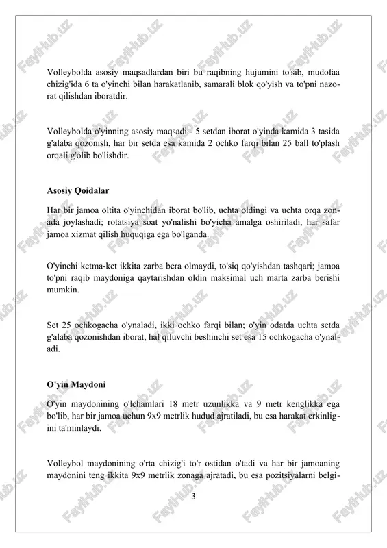 chko olinsa, bu holat raqib jamoaga ochko beradi va shu bilan birga raqib jamoa servisini qaytarib oladi. asosiy texnikalar pastki uzatishda, oyoqlar yelka kengligida turadi, tirsaklar to‘g‘ri bo‘lib, qo‘llar kaftlari yuqoriga qaratilgan holda to‘pga pastdan zarba beriladi, bu to‘pni o‘yinga kiritishning muhim usuli. yuqori uzatishda, barmoqlar bilan to‘pga yuqoridan zarba beriladi, qo‘llar uchburchak shaklida bo‘ladi, ko‘zlar to‘pga qaratilgan holda, 10-15 sm balandlikda to‘pga aniq yo‘nalish beriladi. blok qo‘yishda, sakrab, qo‘llarni to‘r ustidan o‘tkazib, raqibning hujumini to‘xtatishga harakat qilinadi, bunda 2-3 nafargacha o‘yinchi bir vaqtning o‘zida blok qo‘yishi mumkin. hujum texnikalari tez hujum (1-raqamli hujum) - bu to'p uzatuvchidan 3 metr masofada amalga oshiriladigan hujum bo'lib, blokerlar reaktsiya qilishiga kam vaqt beradi. orqa qator hujumi - bu 3 metr chizig'i orqasidan amalga oshiriladigan hujum bo'lib, hujumchiga ko'proq maydonni qoplash va blokni chetlab o'tish imkonini beradi. soxta hujumlar (aldash) - bu hujumchining zarba berishga harakat qilayotgandek ko'rinishi, lekin aslida to'pni boshqa joyga …