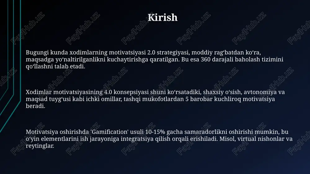 h mumkin, bunda 70% vazifalar o'rganish orqali, 20% boshqalar bilan muloqot orqali amalga oshiriladi. jamoaviy ishlarni rag'batlantirish uchun okr (objectives and key results) tizimidan foydalanish jamoaning umumiy maqsadga yo'naltirilganligini va individual hissasini oshiradi. texnologiyalar va innovatsiyalar ai-ga asoslangan dasturiy taʼminot xodimlar faoliyatini tahlil qiladi va shaxsiy rivojlanish boʻyicha takliflar beradi, 25% gacha samaradorlikni oshirishga yordam beradi. vr trenajyorlari xodimlarga 3d muhitda xavfsiz amaliy mashg‘ulotlar o‘tkazish imkonini beradi, xatolar xavfini kamaytiradi va o‘rganish tezligini 40% gacha oshiradi. blokcheyn texnologiyasi xodimlarning erishgan yutuqlarini shaffof va xavfsiz tarzda qayd etish imkonini beradi, bu esa motivatsiyani 15% gacha oshirishi mumkin. xulosa va tavsiyalar doimiy ravishda xodimlarning ish natijalarini 360 graduslik baholash orqali kuzatib boring va shunga mos ravishda rag'batlantiring, bu shaffoflikni oshiradi. kompaniyaning o'quv dasturlariga 20% investitsiya kiritish orqali xodimlarning professional rivojlanishini qo'llab-quvvatlang va ularning motivatsiyasini oshiring. xodimlarga mustaqil loyihalar berish va avtonomiyani 40% ga oshirish orqali ijodkorlikni rag'batlantiring, bu ularning ishga bo'lgan qiziqishini …