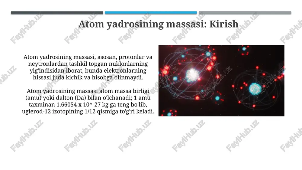 ondan bir qismi) yoki daltonlarda ifodalanadi. detektorlar: ionlarni aniqlash usullari ionlarni aniqlashda faradey stakanlari ishlatiladi, bu usulda ionlar stakanga urilib, zaryadni o'lchash orqali ion oqimi aniqlanadi, bu esa ionlar sonini hisoblashga imkon beradi. scintillation detektorlari ionlar bilan to'qnashganda yorug'lik chiqaradi; fotoko'paytirgichlar bu yorug'likni kuchaytirib, elektr signaliga aylantiradi va shu orqali ion energiyasi va soni baholanadi. mass-spektrometriya bilan o'lchashning usullari mass-spektrometriyada ionlarning magnit maydonida og'ishini o'lchash orqali ularning massa-zaryad nisbati aniqlanadi, bu esa massa ma'lum zaryadga ega bo'lganda massa aniqlashga imkon beradi. uchish vaqti mass-spektrometriyasi ionlarning detektorga yetib borish vaqtini o'lchaydi; kichikroq massali ionlar tezroq yetib boradi, bu esa massa aniqligi yuqori bo'lgan massa spektri yaratadi. radioaktiv parchalanish usullari alfa parchalanishi og'ir yadrolar tomonidan sodir bo'ladi, bunda 4he yadrosi (alfa zarra) chiqariladi, natijada massasi 4 birlikka va atom raqami 2 ga kamaygan yangi yadro hosil bo'ladi. beta parchalanishi neytronning protonga aylanishi bilan bog'liq bo'lib, elektron (beta minus) va antineytrino chiqariladi, atom …