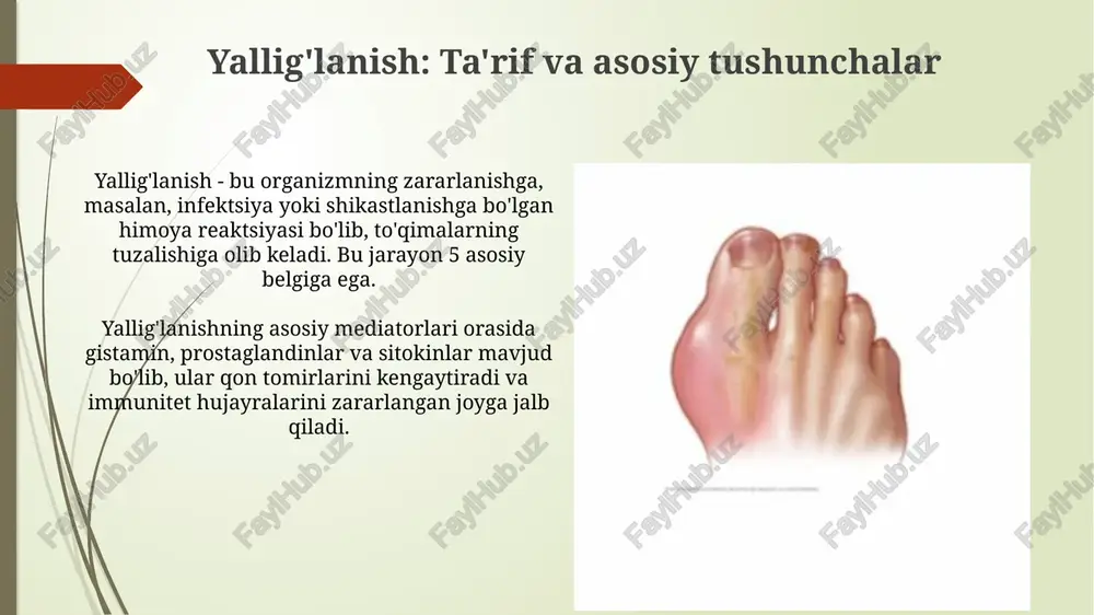 n, surunkali yallig'lanish esa uzoq davom etadi va to'qimalarning progressiv shikastlanishiga olib keladi. yallig'lanishning roli kasalliklarda yallig'lanish saraton kasalligining rivojlanishida muhim rol o'ynaydi: surunkali yallig'lanish hujayralarning dnksiga zarar yetkazib, mutatsiyalarni keltirib chiqarishi mumkin. qandli diabet 2-toifa kasalligi yallig'lanish bilan bog'liq: insulin rezistentligi va beta hujayralarning disfunktsiyasi yallig'lanish sitokinlari ta'sirida kuchayadi. yallig'lanishni davolash usullari yallig'lanishni davolashda non-steroid yallig'lanishga qarshi dorilar (nsaid) keng qo'llaniladi, ular cox-1 va cox-2 fermentlarini inhibe qilib, prostaglandinlar sintezini kamaytiradi. kortikosteroidlar kuchli yallig'lanishga qarshi ta'sirga ega bo'lib, gen ekspressiyasini o'zgartiradi va immun hujayralari faolligini susaytiradi, lekin uzoq muddatda nojo'ya ta'sirlari bor. yallig'lanishga qarshi strategiyalar oziq-ovqat ratsionida omega-3 yog 'kislotalari (epa va dha) bo'lgan baliq (masalan, losos) va zig'ir urug'ini ko'paytirish surunkali yallig'lanish markerlarini 15-20% ga kamaytirishi mumkin. jismoniy faollik, ayniqsa, o'rtacha intensivlikdagi mashqlar (haftada 150 daqiqa), interleukin-6 va tnf-α kabi yallig'lanish sitokinlarining darajasini 25% gacha pasaytirishi mumkin. e'tiboringiz uchun rahmat image1.png image2.jpg image3.jpg image4.jpg image5.jpg image6.jpg image7.jpg image8.jpg …