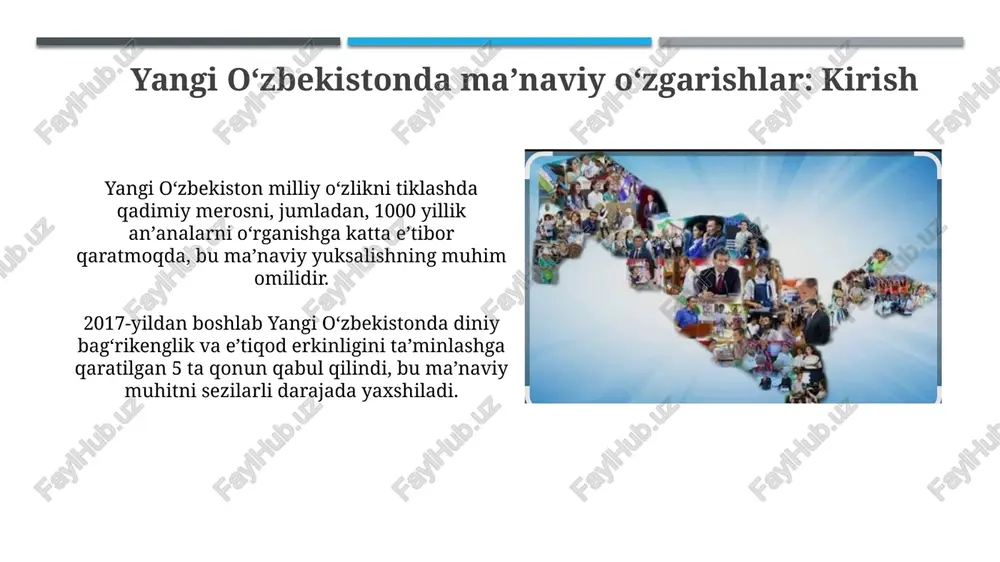 adio va internet platformalari orqali 300 dan ortiq ma'rifiy dasturlar namoyish etilib, jamiyatda axloqiy me'yorlar va madaniy merosni saqlashga xizmat qiladi. globalizatsiya sharoitida milliy maʼnaviyatni himoya qilish milliy ma'naviyatni himoya qilish globalizatsiya davrida 2030 yilgacha madaniy xavfsizlik konsepsiyasini ishlab chiqishni, yosh avlodni tarbiyalashda muhim ahamiyatga ega. globalizatsiyaning salbiy ta'sirlaridan himoya choralari – milliy qadriyatlarni targ'ib qilish, xususan, 5 ta muhim tashabbus orqali intellektual salohiyatni oshirishni o'z ichiga oladi. maʼnaviy yangilanish jarayonidagi muammolar va yechimlar milliy qadriyatlarni saqlash va global integratsiyalashuv o'rtasidagi ziddiyat. yechim: madaniy almashinuv dasturlarini 2 barobar oshirib, milliy o'zlikni mustahkamlash. diniy ekstremizmning tarqalishi xavfi, ayniqsa yoshlar orasida. yechim: ma'rifiy ishlarni 3 xil formatda olib borish: onlayn, oflayn va mahalliy hamjamiyatlar bilan. fuqarolik jamiyatining maʼnaviy rivojlanishdagi ishtiroki fuqarolik jamiyati institutlari maʼnaviy rivojlanishda muhim rol oʻynaydi, ayniqsa, 2021-yilgi oʻzbekiston respublikasi konstitutsiyasining 13-moddasida bu huquqlar kafolatlangan. nodavlat notijorat tashkilotlar (nnt) aholining maʼnaviy qadriyatlarini targʻib qilish, madaniy merosni saqlash va 100 dan …