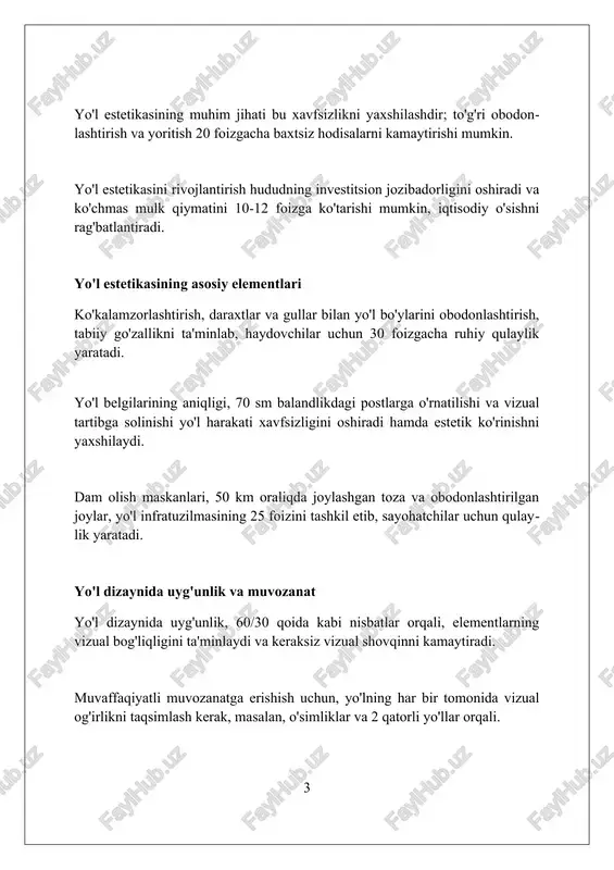 sozlik me’yorlari va qoidalariga mos kelishi, yo‘l harakati xavfsizligini ta’minlashi hamda arxitektura muhitining yaxlitligini saqlashi kerak. "reklama va belgilash standartlari" shahar hokimiyatining ruxsatisiz noqonuniy reklama konstruksiyalarini o‘rnatganlik uchun jarimalar va buzish tartibini ko‘rsatadi. yoritishning estetik ta'siri yoritish rangi haroratining (kelvin darajasida o'lchanadi) estetik ta'siri muhim: iliq yorug'lik 2700k dan 3000k gacha qulay muhit yaratadi, sovuq yorug'lik esa 5000k dan yuqori diqqatni jalb qiladi. yoritishning yorqinligi (lyumenga qarab) yo'l bo'yidagi ob'ektlarning vizual qulayligiga ta'sir qiladi: juda xira yorug'lik xavfsizlikni kamaytiradi, juda yorqin yorug'lik esa ko'zni qamashtirishi mumkin. yo'lning estetik ko'rinishi uchun yoritishning rang berish indeksi (cri) muhim, yuqori cri (80 dan yuqori) ranglarni aniqroq ko'rsatadi, tabiiyroq ko'rinish hosil qiladi va vizual qulaylikni oshiradi. yo'l infratuzilmasi va san'at yo'l infratuzilmasi san'ati 2023-yilda yangi yo'l dizayni standartlarida estetik komponentlarni kiritishni nazarda tutadi, bu esa landshaft dizayni va san'at asarlarini integratsiyalashni o'z ichiga oladi. yo'l infratuzilmasi loyihalarida san'at elementlari 15% gacha byudjet ajratishni talab …