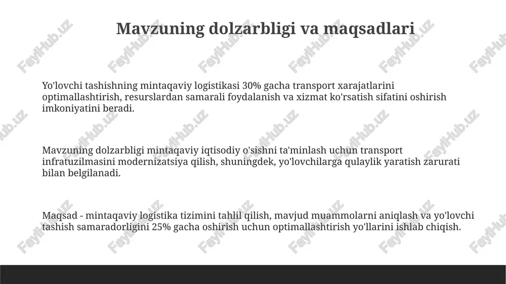 radi. xulosa va takliflar xulosa qilib aytganda, mintaqaviy transport tizimlarida yo'lovchi tashish logistikasini optimallashtirish uchun 15% lik samaradorlikni oshirishga qaratilgan kompleks yechimlar zarur. taklif sifatida, raqamli platformalar orqali 24/7 real vaqt rejimida yo'nalishlarni boshqarish va yo'lovchilar oqimini monitoring qilish orqali 30% tejamkorlikka erishish mumkin. kelajakda, 5g texnologiyasiga asoslangan aqlli transport tizimlarini joriy etish, yo'lovchi xavfsizligini 10% ga oshirish va qatnov vaqtini qisqartirish imkonini beradi. e'tiboringiz uchun rahmat