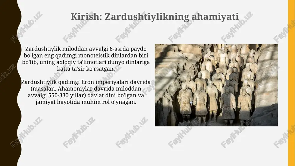 atiladi, masalan, oxiratga ishonish, farishtalar va jinlar tushunchasi, shuningdek, ibratli adolat hukmronligi g'oyasi. qadimgi yahudiy fikrida bu elementlar zardushtiylikdan kelgan deb hisoblanadi. zardushtiylik g'oyalari xristianlikka ham ta'sir ko'rsatdi, masalan, oxirat, jannat va do'zax tushunchalari, qiyomat kuni, shuningdek, yaxshilik va yomonlik o'rtasidagi kurash haqidagi dualistik qarashlar. xristianlikda bular zardushtiylik ta'sirida shakllangan. zardushtiylikning qadimgi xalqlarning dunyoqarashiga ta'siri zardushtiylikning qadimgi xalqlarning dunyoqarashiga ta'siri erta dualistik kosmologiyani shakllantirishda muhim rol o'ynadi, yaxshilik va yomonlik o'rtasidagi abadiy kurash g'oyasini taqdim etdi. zardushtiylikning qiyomat kuni va oxirat tushunchalari yahudiylik, nasroniylik va islom kabi keyingi dinlarga sezilarli ta'sir ko'rsatdi, bu esa qadimgi dunyoqarashga chuqur ta'sir ko'rsatdi. zardushtiylik matnlari: avesto avesto 5 ta asosiy qismdan iborat: yasna (marosim matnlari), visperad (yasna qo'shimchalari), vendidad (tozalash qonunlari), yashtlar (madhiyalar) va xurda avesto (kundalik ibodatlar uchun). eng qadimgi avesto qismi, gatalar, zardushtning o'zi tomonidan yozilgan deb ishoniladi va uning falsafiy ta'limotlarini 17 ta madhiyada aks ettiradi. zardushtiylik marosimlari va urf-odatlari yangi …