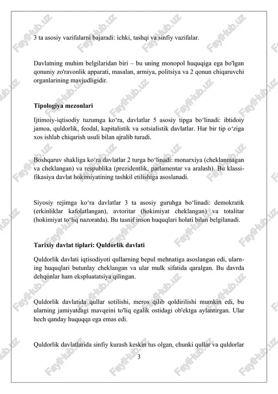 davr bahsli hisoblanadi. sotsialistik davlatlarda iqtisodiyotni rejalashtirish, ishlab chiqarish vositalarining davlat mulkida boʻlishi, 5 yillik rejalarning amalga oshirilishi 20-asrning muhim xususiyatlaridan biri edi. zamonaviy davlat tiplari: demokratik davlat demokratik davlatlar siyosiy hokimiyatni xalqqa tegishli ekanligini e'tirof etadi, konstitutsiyada mustahkamlab qo'yilgan 1948-yilgi inson huquqlari umumjahon deklaratsiyasi asosida ish yuritadi. ko'ppartiyaviylik tizimi va erkin saylovlar demokratik davlatlarning muhim xususiyatidir; fuqarolar kamida 18 yoshdan boshlab o'z vakillarini tanlash huquqiga ega. qonun ustuvorligi printsipi, shuningdek, 5-modda bilan belgilangan hokimiyatlar bo'linishi (qonun chiqaruvchi, ijro etuvchi, sud) demokratik davlat faoliyatining asosiy tamoyillaridandir. zamonaviy davlat tiplari: avtoritar davlat avtoritar davlatlar siyosiy hokimiyatni bir shaxs yoki kichik guruhning qo'lida jamlaydi, ko'pincha 19-20-asrlarda yevropada paydo bo'lgan fashistik rejimlarga o'xshaydi. ushbu davlatlarda saylovlar bo'lishi mumkin, ammo ular erkin va adolatli emas, shuningdek, siyosiy partiyalar faoliyati qat'iy cheklangan, shu sababdan 20-asrda ko’plab misollar bor. avtoritarizm shaxs erkinligini cheklaydi, matbuot senzurasini o'rnatadi va muxolifatni bostiradi, bu esa 1930-yillardagi germaniyada kuzatilgan siyosiy repressiyalarga …