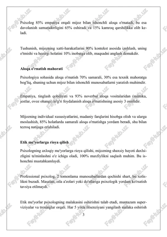sal bilan terapevtik munosabat terapevtik munosabatda 2 tomonlama hurmat muhim, bu mijozning muammolarini hal qilishga yordam beradi va davolanish samaradorligini 75% gacha oshirishi mumkin. empatiya - terapevtik munosabatning asosi, bunda terapevt mijozning his-tuyg'ularini 90% aniqlikda tushunishi va tasdiqlashi kerak. chegaralar terapevtik munosabatning ajralmas qismi bo'lib, professional masofa va 100% xavfsizlikni ta'minlaydi, bu esa davolanish jarayonini himoya qiladi. tashxis qo'yish nozikliklari differential diagnostika, bir necha kasallik belgilarining o'xshashligini hisobga olib, diagnostik xatolikka yo'l qo'ymaslik uchun juda muhimdir, taxminan 75% holatlarda. anamnezni yig'ishda bemorning verbal va noverbal signallarini (masalan, yuz ifodalari, tana tili) kuzatish, qo'shimcha 20% ma'lumot berishi mumkin. psixologik testlarning natijalarini interpretatsiya qilishda, standart normativ ko'rsatkichlardan tashqari, bemorning madaniy xususiyatlarini hisobga olish 10% aniqlikka yordam beradi. davolash usullarini tanlash psixolog davolash usullarini tanlashda bemorning individual xususiyatlarini, masalan, uning yoshini, jinsini va madaniy kelib chiqishini hisobga olishi kerak, bunda har bir detal muhim ahamiyatga ega. davolash usullarini tanlashda diagnostika natijalari muhim rol …
