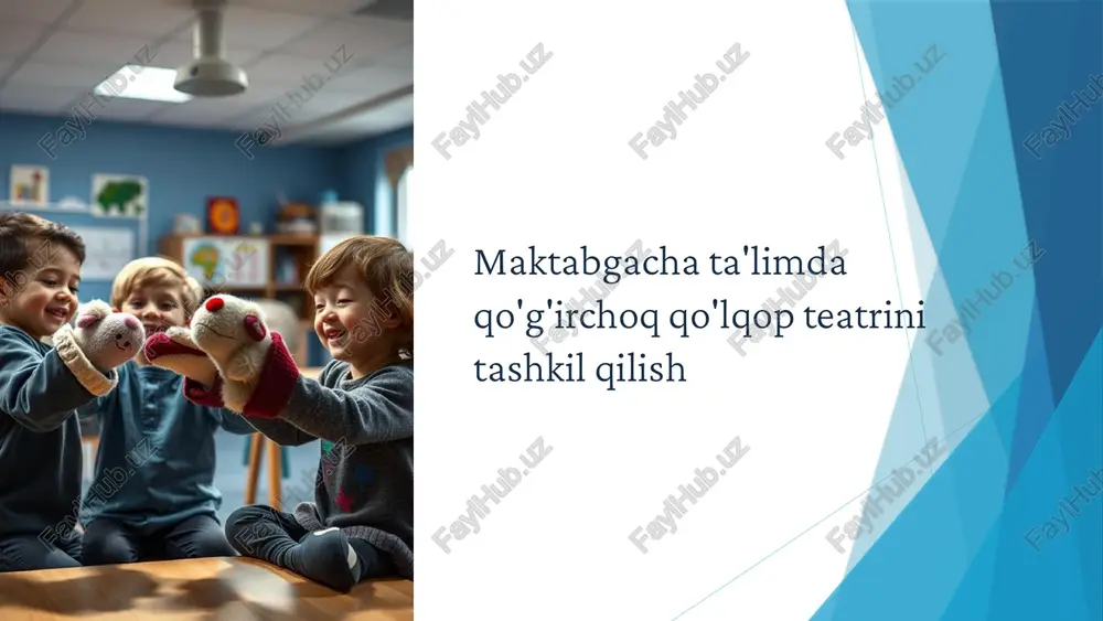 ali bo'lishi lozim. yorug'lik esa sahnadagi harakatlarni ta'kidlab, bolalarning diqqatini tortadi. 9 qo'g'irchoq teatrini maktabgacha guruhlarda qanday o'tkazish 01 barcha bolalar ishtiroki har bir bolaning teatr jarayonida qatnashishini rag'batlantirish muhim. bu ularning o'ziga bo'lgan ishonchini oshiradi va jamoaviy ruhni shakllantiradi. 02 ijodiy erkinlik berish bolalarga o'z rollarini ijro etishda erkinlik berish ularning ijodiy qobiliyatlarini ochishga yordam beradi. ularning g'oyalarini qo'llab-quvvatlash zarur. 03 o'yin va ta'lim integratsiyasi qo'g'irchoq teatrini o'yin va ta'limni birlashtiruvchi vosita sifatida ishlatish. bu orqali bolalar o'ynab o'rganadilar va jarayon ular uchun yanada samarali bo'ladi. 10 muvaffaqiyatli qo'g'irchoq teatrining misollari toshkent davlat qo'g'irchoq teatri bolalar uchun turli yoshdagi tomoshabinlar uchun mo'ljallangan yorqin va ma'rifiy spektakllarni muntazam ravishda namoyish etadi. u bolalarni san'at va madaniyat bilan tanishtirishda katta rol o'ynaydi. maktabgacha ta'lim muassasalarida kichik qo'g'irchoq truppalari tashkil etilishi bolalarning ijtimoiy-madaniy rivojlanishiga ijobiy ta'sir ko'rsatadi. ular o'z mahoratlarini namoyish etish imkoniga ega bo'ladilar. 11 muammolar va ularni hal qilish yo'llari …