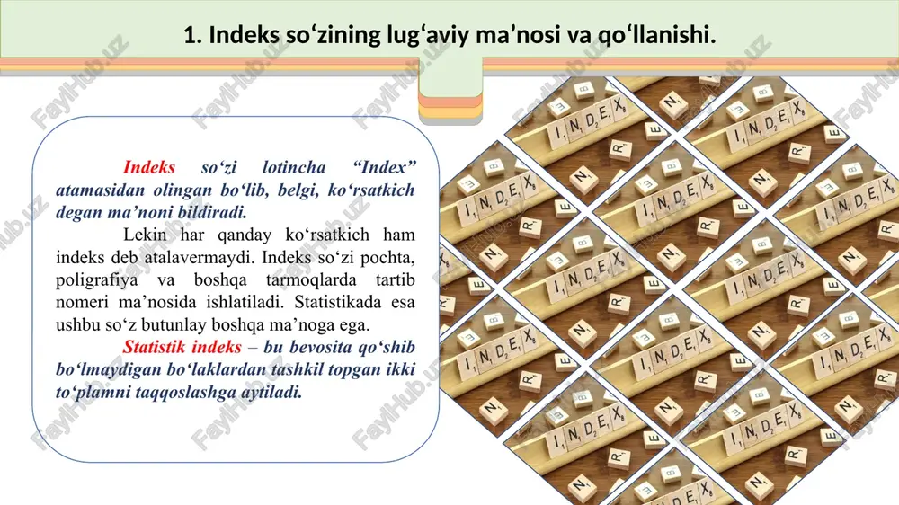 anjirsimon indekslar deyiladi. indekslashtirilayotgan miqdorlarning xarakteri va mazmuniga qarab indekslar miqdor (fizik hajm) va sifat kursatkichlari indekslariga bo‘linadi. indekslar nazariyasida qaysi ko‘rsatkich indekslashtirilsa, u indekslashtiriladigan miqdor deyiladi. umumiy indekslarda indekslashtirilayotgan miqdor so‘zi o‘rniga indekslashtirilayotgan belgi va uning vazni tushunchalari ishlatiladi. masalan, baho umumiy indeksi hisoblanayotgan bo‘lsa, indekslashtirilayotgan belgi baho hisoblansa, uning vazni sifatida mahsulot miqdori olinadi. 10 indekslarni bevosita hisoblashishga kirishishdan oldin, shu metodda qo‘llaniladigan ramziy belgilar bilan tanishib chiqaylik. hodisaning miqdori (fizik xajmi) -q; narxlar -p; tannarx –z; unumdorlik - joriy davr ko‘rsatkichi “1” satr osti ishorachasi, o‘tgan davr esa “0” –bilan ifodalanadi. “i” va “i” lar individual va umumiy indekslarni ifodalaydi, “” – yig‘indini, pq –tovar qiymati, t –vaqtni, m –ekin maydonini, l-laspayres, r –paashe indekslarini, d –ikkita rejim o‘rtasidagi farq darajasini, if – i. fisher ideal indeksini, jp·jq =jpq –indekslarni o‘zaro bog‘liqligini va h.k. bildiradi. 11 3. yakka indekslar. indekslarni hisoblashda ikkita davr qatnashadi, biri - joriy …