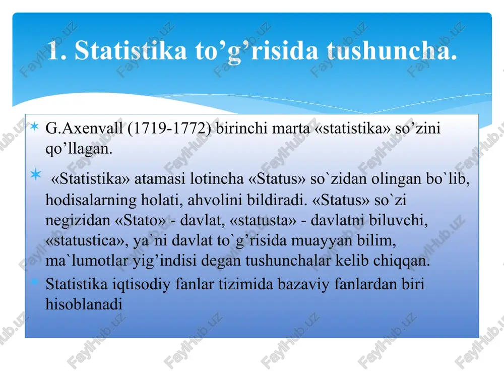 ’ra makroiqtisodiyot va statistika vazirligi tugatilib, uning asosida o’zbekiston respublikasi iqtisodiyot vazirligi va o’zbekiston respublikasi davlat statistika qo’mitasi tashkil qilindi 2002 yilning 12 dekabrida o’zbekiston respublikasi oliy majlisi tomonidan “davlat statistikasi to’g’risida”gi qonun qabul qilingan ushbu qonunga 2005 yil 20 dekabrida, 2010 yil 3 sentyabrida va 2012 yil 3 yanvarida tegishli o’zgartirishlar kiritilgan statistitka metodologiyasining hozirgi davrdagi rivoji quyidagi yo’nalishlarda sodir bo’lmoqda iqtisodiyot holati va rivojlanish istiqbollariga statistik xarakteristika berish milliy hisoblar tizimi (mht) metodologiyasini rivojlantirish tarmoqlar va mintaqalarning ijtimoiy-iqtisodiy rivojlanish darajalari bo’yicha farqlanishlarini va omillar ta’sirini o’rganish metodologiyasini takomillashtirish xalqaro va mintaqalararo taqqoslashlar metodologiyasini rivojlantirish statistika, miqdor, sifat, statistika obyekti va predmeti, statistika uslubiyati (metodologiyasi) yoki uslubi (metodi), statistik qonuniyat, tasviriy statistika, analitik statistika, ommaviy hodisa, ommaviy jarayon, matematik va statistik ehtimol, statistika tarmoqlari, iqtisodiy statistika. kalit so’zlar va asosiy tushunchalar: 1. statistika atamasi qanday kelib chiqqan va ilk bor nimani anglatgan? 2. statistika so‘zi hozir nimalarni bildiradi? 3. …