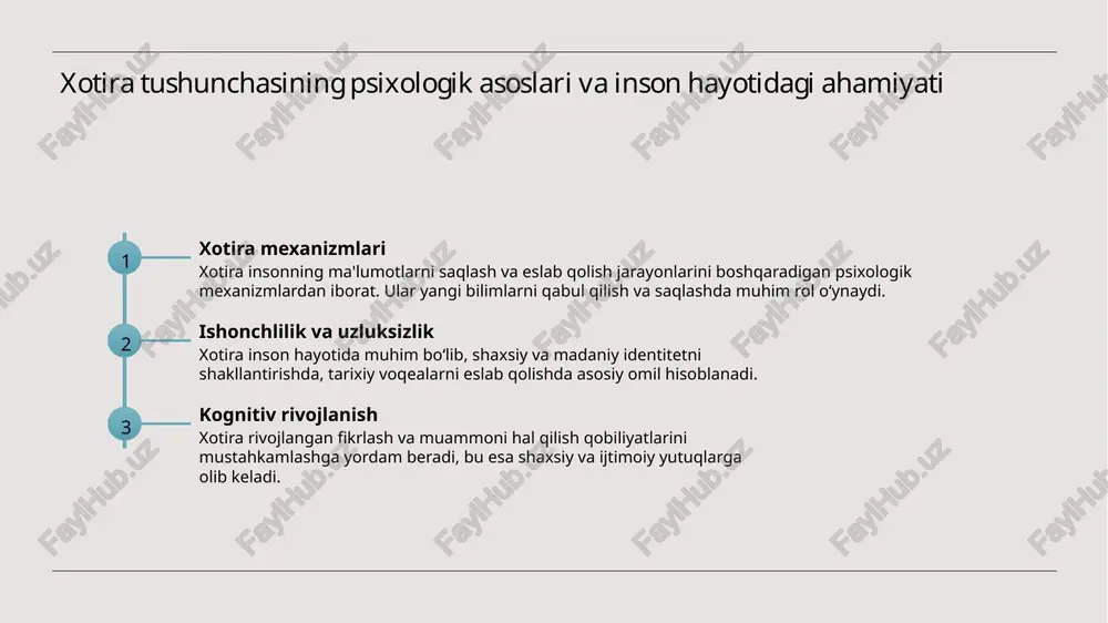 iy voqealar, kollektiv xotiraning asosiy elementlari bo‘lib, milliy tarix va madaniyatni mustahkamlashda muhim rol o‘ynaydi. ular xalqlarning birligini va o‘zligini anglashlariga yordam beradi. 02 madaniy anʼanalar saqlash madaniy anʼanalar va urf-odatlar, avloddan-avlodga o'tib, kollektiv xotirani mustahkamlashda muhim vositadir. ular xalqlarning o‘ziga xosligini va madaniy merosini saqlash uchun asosiy manba hisoblanadi. 03 yodgorliklar va festivallar tarixiy yodgorliklar va madaniy bayramlar, kollektiv xotirani yangilash va saqlashda kalit rol o‘ynaydi. ular madaniyat va tarix bilan bog‘liq muhim voqealarni eslatadi, yosh avlodga yetkazadi. madaniyat va tarixda yodgorliklar va anʼanalar orqali xotira saqlash usullari 1 madaniy yodgorliklar madaniy yodgorliklar, masalan, maqbaralar, madaniy maskarlar va an'anaviy kiyimlar, xalqning tarixiy va madaniy merosini saqlashda muhim rol o‘ynaydi. 2 tarixiy markazlar tarixiy markazlar, masalan, qadimiy shaharlar va yodgorlik ansambllari, avloddan-avlodga o'tkaziladigan xotira va madaniyatni saqlash vositasidir. 3 ustuvor anʼanalar anʼanalar, urf-odatlar va madaniy marosimlar orqali xalqlar o‘z tarixiy xotirasini yangi avlodga etkazadi, madaniy uzluksizlikni ta'minlaydi. 4 zamonaviy texnologiyalar …