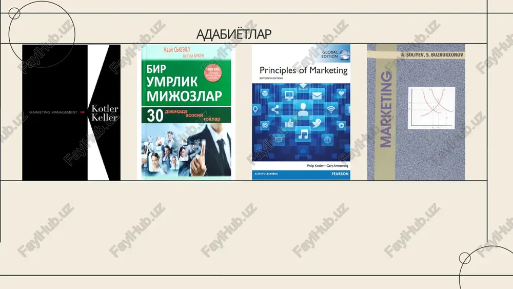 ng funktsiyasi bu marketingda bajariladigan ixtisoslashgan faoliyatdir. tovarlarni ishlab chiqarishdan iste'molchigacha bo'lgan xarakatlarni tashkil etish va muvoqlashtirishni nazarda tutuvchi asosiy faoliyatlardir ishlab chiqaruvchi va yakuniy iste'molchini bog'lash uchun harakalar yoki jarayonlardagi vazifalardir strategik rejalashtirish, axborot tizimi; pr ulgurji savdo; chakana savdo; siljitish; sifat; assotiment; texnologiya iste'molchi; bozor; raqobatchi talabga mos tovar ishlab chiqarish; strategik rejalashtirish; ijtimoiy va iqtisodiy omillarini hisobga olish; imijini oshirish; raqobatli ustunlik analitika tadbirkor ishlab chiqarish sotish boshqarish company name / author marketingning vazifalari bozor korxona tovari(xizmati)ga bo'lgan talabni boshqarish, ya'ni bozordagi faoliyati bilan bog'liq vazifalar korxona korxona yoki firmani o'zining faoliyati bilan bog'liq vazifalar jamoatchilik atrof muxit va jamoatchilik bilan bog'liq vazifalar tahliliy funktsiyada tashqi muhit omillari, bozor, uning elementlari va holati, iste'molchilar, bozorni tuzilishi, tovar va tovarni tuzilishi, shuningdek firmaning ichki muhiti tahlil qilinadi. bunda firma rahbariyati tomonidan nazorat qilinadigan omillar-texnologik jarayon, moliyaviy ahvoli, tashkiliy tuzilish, bozorni tanlash va boshqalar hisobga olinadi. tahliliy (tadqiqot, analitik) …