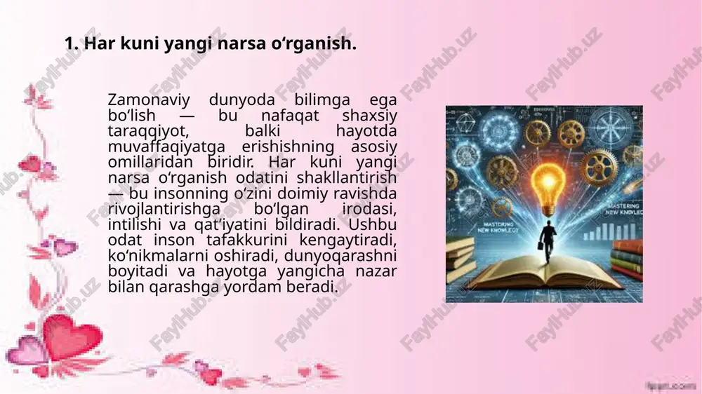 soatlik sifatli uyqu zarur. uyqu yetishmasligi nafaqat jismoniy, balki ruhiy salomatlikka ham salbiy ta’sir ko‘rsatadi. shuningdek, ruhiy tinchlik, stressni boshqarish, ijobiy fikrlash ham organizm holatiga bevosita ta’sir ko‘rsatadi. 3. maqsadlar bo‘yicha reja tuzib, unga amal qilish. har bir inson hayotda ma’lum bir yutuqlarga erishishni, orzularini ro‘yobga chiqarishni istaydi. ammo bu istaklarning amalga oshishi uchun faqat niyatning o‘zi yetarli emas. eng muhimi — aniq maqsadlar qo‘yish, ular bo‘yicha puxta reja tuzish va ushbu rejaga qat’iyat bilan amal qilishdir. muvaffaqiyatli insonlar tarixiga nazar tashlasak, ularning barchasi o‘z hayotini reja asosida yo‘lga qo‘ygan, maqsadlariga yetish uchun harakatni bosqichma-bosqich olib borgan. maqsadli hayot kechirish — bu vaqtni behuda o‘tkazmaslik, har bir kunni samarali o‘tkazish demakdir. inson o‘z oldiga aniq va o‘lchab bo‘ladigan maqsadlar qo‘yganda, u nima qilayotganini va qayerga intilayotganini biladi. bu esa hayotga ma’no, tartib va mas’uliyat keltiradi. masalan, “ko‘proq kitob o‘qish” degan umumiy niyat o‘rniga, “har oyda 2 ta kitob o‘qish” degan …