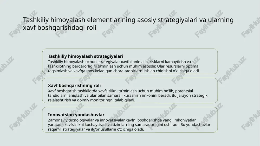 strategiyalari, masalan, blokcheyn va biometrik autentifikatsiya, xavfni kamaytirish va himoya darajasini oshirish uchun qo’llaniladi. tashkiliy himoyalash strategiyalarini amalga oshirishda yuzaga keladigan qiyinchiliklar va yechimlar 01 xavfli muhit tashkiliy himoyalash strategiyalarini amalga oshirishda xavfli muhit bilan bog‘liq muammolar yuzaga kelishi mumkin, bu esa xavfsizlik choralari samaradorligini kamaytiradi. 02 resurs cheklovlari moliyaviy va inson resurslarining cheklanganligi, xavfsizlik texnologiyalarini joriy etishda muhim to‘siq bo‘lib, strategiyalarni amalga oshirishni qiyinlashtiradi. 03 kadrlar tayyorligi xavfsizlik bo‘yicha mutaxassislar va xodimlarning bilim va ko‘nikmalari yetarli bo‘lmasligi, strategiyalarni to‘g‘ri amalga oshirishda muammo tug‘diradi. 04 boshqaruv muammolari raqobat va institutsional muhitdagi muammolar, boshqaruvning zaifligi va muvofiqlashtirishdagi muammolar strategiyalarning muvaffaqiyatli amalga oshirilishini qiyinlashtiradi. tashkiliy xavflarni baholash va xavfsizlik choralari strategiyalarining asoslari xavf tahlili usullari xavfsizlik strategiyalari baholash va choralar integratsiyasi tashkiliy xavflarni baholashda identifikatsiya qilish, yuzaga kelish ehtimoli va ta'sirini aniqlash uchun statistik va sifatli metodlar qo‘llaniladi. bu jarayon risklarni prioritetlashda muhim rol o‘ynaydi. strategiyalar xavfni kamaytirish, oldini olish va boshqarishni …