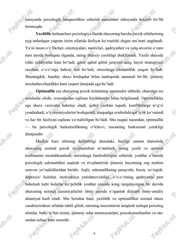 anishini ta’minlash, uning yaxlit va optimal tuzilmasini mustahkamlash, stresslarga bardoshliligini oshirish, yoshlar o‘rtasida psixologik salomatlikni saqlash va rivojlantirish ijtimoiy hayotning eng muhim ustuvor yo‘nalishlaridan biridir. aqliy salomatlikning pasayishi, hissiy zo‘riqish, depressiv holatlar, motivatsiya yetishmovchiligi, o‘z-o‘zining qadriyatini past baholash kabi holatlar ko‘pchilik yoshlar orasida keng tarqalayotgan bir davrda shaxsning normal xususiyatlarini ilmiy asosda o‘rganish dolzarb ilmiy-amaliy ahamiyat kasb etadi. shu boisdan ham, yaxlitlik va optimallikni normal shaxs xarakteristikasi sifatida tahlil qilish, ularning mezonlarini aniqlash nafaqat psixolog olimlar, balki ta’lim tizimi, ijtimoiy soha mutaxassislari, psixokonsultantlar va ota-onalar uchun ham zarurdir. bugungi kunning shiddat bilan o‘zgarib borayotgan ijtimoiy-iqtisodiy sharoitlarida har bir insondan psixik barqarorlik, moslashuvchanlik, emotsional yetuklik, ijtimoiy faollik va o‘zini-o‘zi boshqarish kabi ko‘nikmalar talab etiladi. shaxsning normal rivojlanishi, ayniqsa uning yaxlit va optimal bo‘lishi barqaror ruhiy salomatlik garovi sifatida qaraladi. ta’lim tizimida, mehnat bozorida, oilaviy munosabatlarda, jamiyatdagi kommunikatsion jarayonlarda aynan shu sifatlarning mavjudligi muhim ahamiyatga ega. shuningdek, shaxs fazilatlari orasida yaxlitlikning buzilishi, …