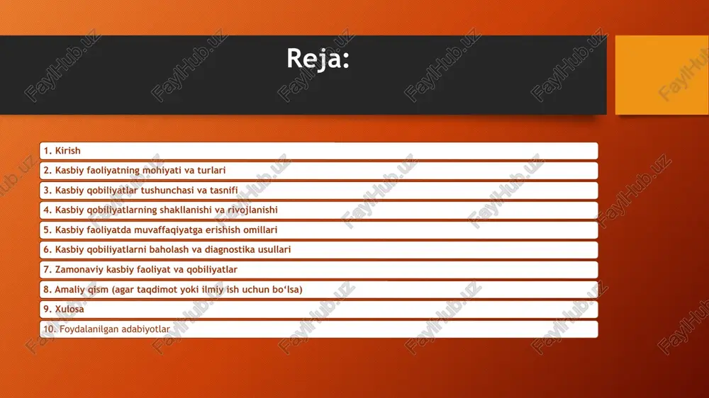 uchraydigan asosiy turlar ko‘rib chiqiladi. 1. soha bo‘yicha kasbiy faoliyat turlari ilmiy kasbiy faoliyat: ilmiy tadqiqotlar, yangi bilim va texnologiyalar yaratishga qaratilgan faoliyat. bu sohada ishlovchilar, masalan, olimlar, tadqiqotchilar, muhandislar kiradi. texnik kasbiy faoliyat: texnik vositalar va uskunalarni boshqarish, ishlab chiqarish jarayonlarini tashkil etish bilan bog‘liq faoliyat. muhandislar, texnik xodimlar, mexaniklar bunga misol bo‘la oladi. ijodiy kasbiy faoliyat: san’at, adabiyot, dizayn va boshqa ijodiy sohalarga tegishli faoliyat. san’atkorlar, yozuvchilar, dizaynerlar bu guruhga kiradi. ijtimoiy kasbiy faoliyat: ta’lim, sog‘liqni saqlash, ijtimoiy xizmat ko‘rsatish kabi sohalarda ishlash. o‘qituvchilar, shifokorlar, ijtimoiy xodimlar ushbu guruhga kiradi. mehnat faoliyati shakli bo‘yicha tasnif fizik mehnat faoliyati: jismoniy kuch va harakat talab qiladigan ishlar. qurilish ishchilari, dehqonlar bunday faoliyatni amalga oshiradi. aqliy mehnat faoliyati: aql-idrok, bilim va fikrlash qobiliyatiga asoslangan ishlar. masalan, huquqshunoslar, olimlar, menejerlar. aralash faoliyat: aqliy va fizik mehnatni o‘z ichiga olgan kasblar, masalan, shifokorlar, sportchilar. kasbiy faoliyatning ijtimoiy ahamiyati kasbiy faoliyat nafaqat shaxs uchun, …