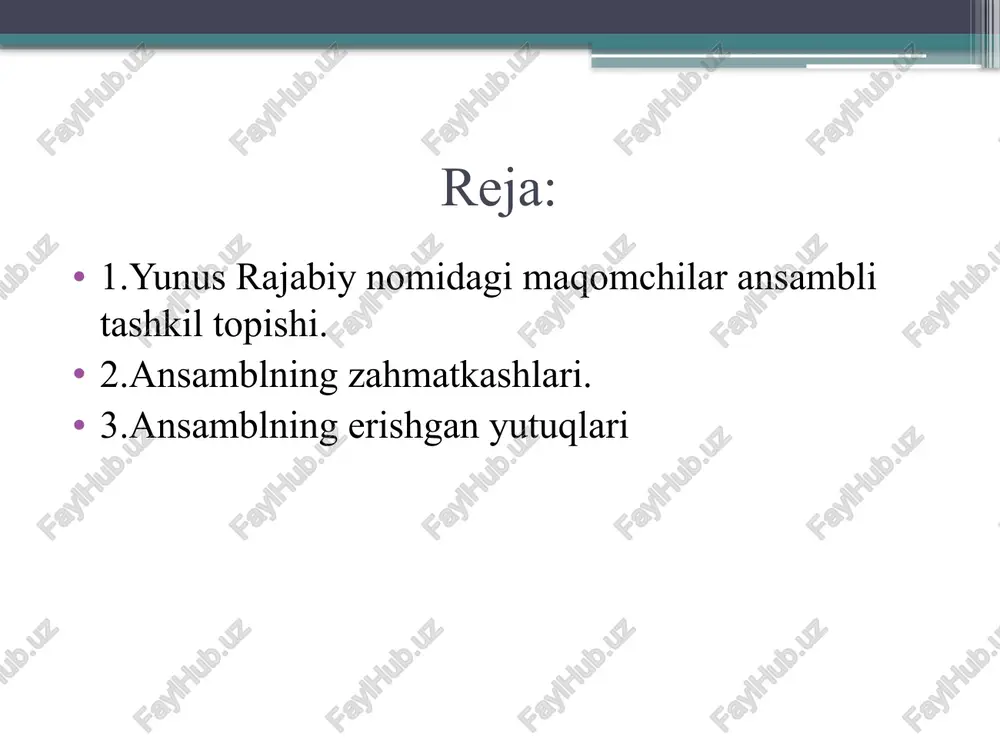 and etishdi o‘zbekiston xalq artisti abduxoshim ismoilov rahbar bo‘lganidan so‘ng esa shashmaqomdagi sarahborlar qautadan uozildi. bu asarlarning eski uozuvdan farqi shuki, sho‘zilib ketgan uoki uetmau qolgan hanglarni me’uoriga keltirib, musiqiu jilolar berildi. ya’ni sholg‘u muqaddimalari, sholg‘u naqoratlariga bezak berildi. ansamblda milliu san’atimiz namunalaridan ush voha maqomlari, xalq ijodiuoti namunalari, bastakorlar asarlarini qautatiklab, o‘zmtrk oltin hazinasiga video hamda audiouozuvlar sifatidamuhrlashgamuvaffaq bo‘lishdi foydalanilgan adabiyotlar: i.a.karimov “istiqlol va ma’naviyat” toshkent “o’zbekiston”1994 r.s.abdullayev “o’zbek mumtoz musiqasi” sh.oyxo’jayeva “maqom taronalari” image2.jpeg image3.jpeg image4.jpeg image5.jpeg image6.jpeg image7.jpeg /docprops/thumbnail.jpeg