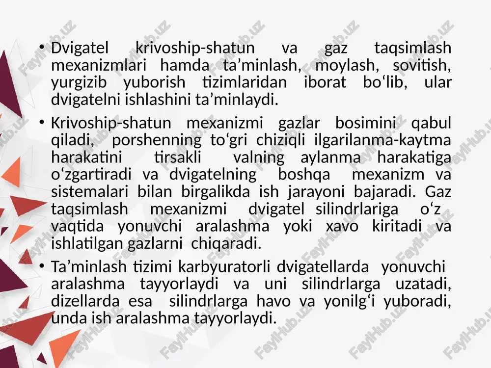 kala klapan yopiq bo‘lganligi sababli silindrdagi havo siljiydi. havoning ko‘p siqilishi natijasida siqish taktining oxiridagi silindrdagi havoning bosimi 3,5..4,0 mpa, temperaturasi esa 750..950 k ga teng. siqish taktining oxirida porshen yu.ch.n ga yaqinlashganda forsunkadan yuqori bosim bilan yonilg‘i purkaladi. juda mayda zarrachalardan iborat bo‘lgan yonilg‘i qizigan havo bilan almashadi, qiziydi va bir ozdan keyin alangalanadi. aralashma yonganda silindrdagi bosim 5,5..9,0 mpa, temperaturasi 1900..2400 k bo‘ladi. kengayish takti. dizellarda siqish taktida aralashma yonib tugamasdan, kengayish taktida ham yonishda bir oz davom etadi. ikkala klapan yopiq bo‘lganligi sababli porshen gazlar bosimi ta’siri ostida yu.ch.n dan p.ch.n ga siljiydi. kengayish taktining oxirida silindrdagi bosim 0,2..0,3 mpa, temperaturasi esa 900..1200 k bo‘ladi. chiqarish takti karbyuratorli dvigatellarda chiqarish takti qanday o‘tsa, dizellarda ham shunday o‘tadi. chiqariladigan gazlarning bosimi takt 0,11..0,12 mpa, temperatura esa 650..900 k bo‘ladi. dizelli dvigatellar karbyuratorli dvigatellarga nisbatan 20-25% kamroq yonilg‘i sarflaydi. dizel yonilg‘isi arzon va yonilg‘i jihatdan xavfsizroqdir. ikki taktli karbyuratorli …