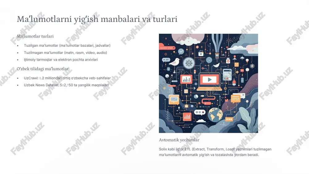 avtomatlashtirilgan vositalardan foydalanish xarajat va vaqtni sezilarli darajada kamaytiradi. muammo: maxfiylik va qonuniy talablarga rioya qilish murakkablik tug‘diradi. yechim: lingvanex kabi anonimlashtirish vositalari bu jarayonni soddalashtiradi va xavfsizlikni ta’minlaydi. xulosa: ma’lumotlarni tayyorlash –ai muvaffaqiyatining kaliti ai modellarining muvaffaqiyati nafaqat algoritmlarning murakkabligiga, balki ularni o‘qitish uchun ishlatiladigan ma’lumotlarning sifati, tozaligi va xilma-xilligigaham bog‘liq. sifatli ma’lumotlar modelning aniqligi va ishonchliligini oshiradi. avtomatlashtirish jarayonni tezlashtiradi va xavfsiz qiladi. xilma-xillik model tarafkashligini kamaytiradi. diqqat markazida har bir ai loyihasi uchun ma’lumotlarni tayyorlashga yetarlicha e’tibor berish muhim. image101.png image103.png image111.png image113.png image114.png image153.png image217.png image223.png image251.png image328.png image335.png image348.png image349.png image350.png image373.png image380.png image381.png image392.png image422.png image439.png image455.png