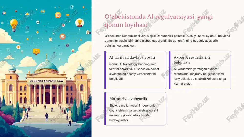 ai ning transchegaraviy tabiati uning etik regulyatsiyasida xalqaro hamkorlikni talab qiladi. markaziy osiyo mintaqasi uchun quyidagi yoʻnalishlar muhim: mintaqaviy etik tamoyillar markaziy osiyo davlatlari uchun maxsus ai etik tamoyillarini ishlab chiqish va ularni birgalikda qoʻllash. global diskursga hissa mintaqaviy integratsiya orqali global ai etikasi boʻyicha munozaralarga faol hissa qoʻshish. hamkorlikning muhimligi soha mutaxassislari, hukumatlar va fuqarolik jamiyati oʻrtasidagi hamkorlik ai ni masʼuliyatli rivojlantirish uchun kalit hisoblanadi. ai regulyatsiyasining biznes va jamiyatga taʼsiri ai qonunlari innovatsiyalarni ragʻbatlantirish va xavfsizlikni taʼminlash oʻrtasida muvozanatni yaratishga qaratilgan. ijobiy taʼsirlar • innovatsiyalarni ragʻbatlantirish va yangi texnologiyalarni joriy etish. • ishonchli va xavfsiz ai muhitini yaratish. • fuqarolarni ai texnologiyalarining salbiy oqibatlaridan himoya qilish. salbiy faoliyatga qarshi choralar • noqonuniy ai faoliyatiga qarshi jiddiy choralar: jarimalar va vositalarni musodara qilish. • ai tizimlarida masʼuliyatni aniqlash va javobgarlikni kuchaytirish. xulosa: etik ai uchun kelajak yoʻli ai texnologiyalarining tez rivojlanishi bilan birga, etik va huquqiy regulyatsiyalarni doimiy ravishda …