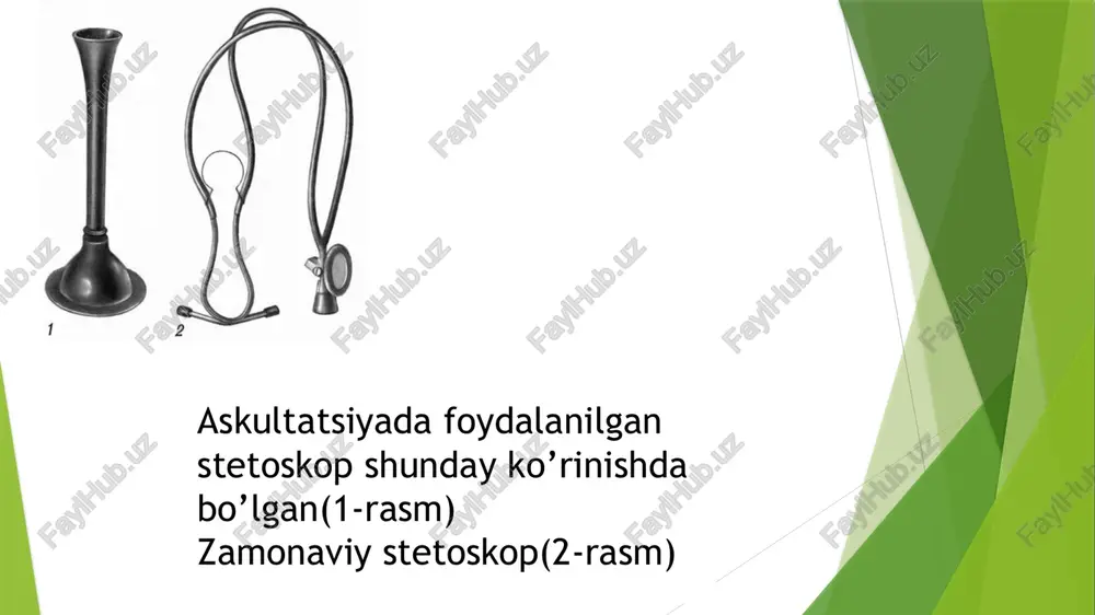 orqali yurak tonlari, ritm, shovqinlar va ularning xarakteri aniqlanadi. bu belgilar yurak klapanlari kasalliklari, yurak mushaklarining zaifligi, aritmiyalar hamda qon aylanish buzilishlarini erta tashxislashda katta diagnostik ahamiyatga ega. xulosa qilib aytganda: auskultatsiya shifokorga yurakning anatomik va funksional holati haqida muhim ma’lumot beradi, yurak kasalliklarini erta aniqlash va davolashni to‘g‘ri yo‘lga qo‘yishda muhim ahamiyat kasb etadi. image1.png image2.jpeg image3.png image4.jpeg image5.png /docprops/thumbnail.jpeg