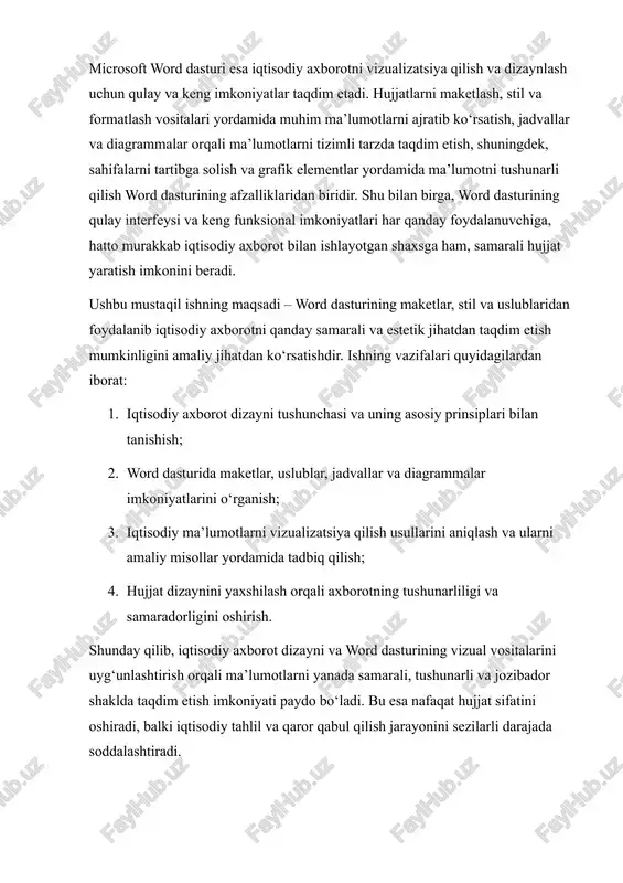 huniladigan va aniq taqdim etish jarayonidir. ushbu jarayon quyidagilarni o‘z ichiga oladi: · ma’lumotlarni saralash va tizimlashtirish · grafik va diagrammalar yordamida ko‘rsatish · ranglar, shriflar va formatlash elementlari yordamida diqqatni muhim ma’lumotga qaratish iqtisodiy axborot dizayni — bu iqtisodiy ma’lumotlarni tizimli, aniq va vizual jihatdan qulay shaklda taqdim etish san’ati va ilmiy amaliyotidir. zamonaviy iqtisodiy jarayonlarning murakkabligi va keng qamrovliligi tufayli axborotlar ko‘pincha katta hajmda va turli shakllarda bo‘ladi: moliyaviy hisobotlar, byudjet ko‘rsatkichlari, statistik tahlillar, bozor prognozlari va boshqalar. shu sababli, axborotni faqat matn shaklida berish yetarli emas, uni tushunarli va tez qabul qilinadigan shaklga keltirish zarurati mavjud. iqtisodiy axborot dizaynining asosiy maqsadi — murakkab ma’lumotlarni soddalashtirish, ularni foydalanuvchi uchun vizual jihatdan oson qabul qilinadigan formatga keltirish va qaror qabul qilish jarayonini tezlashtirish. bu jarayon bir nechta muhim komponentlardan iborat: 1. ma’lumotlarni tahlil qilish va saralash – iqtisodiy ma’lumotlarning hajmi katta bo‘lgani uchun, ularni to‘g‘ri tartibga solish va eng …