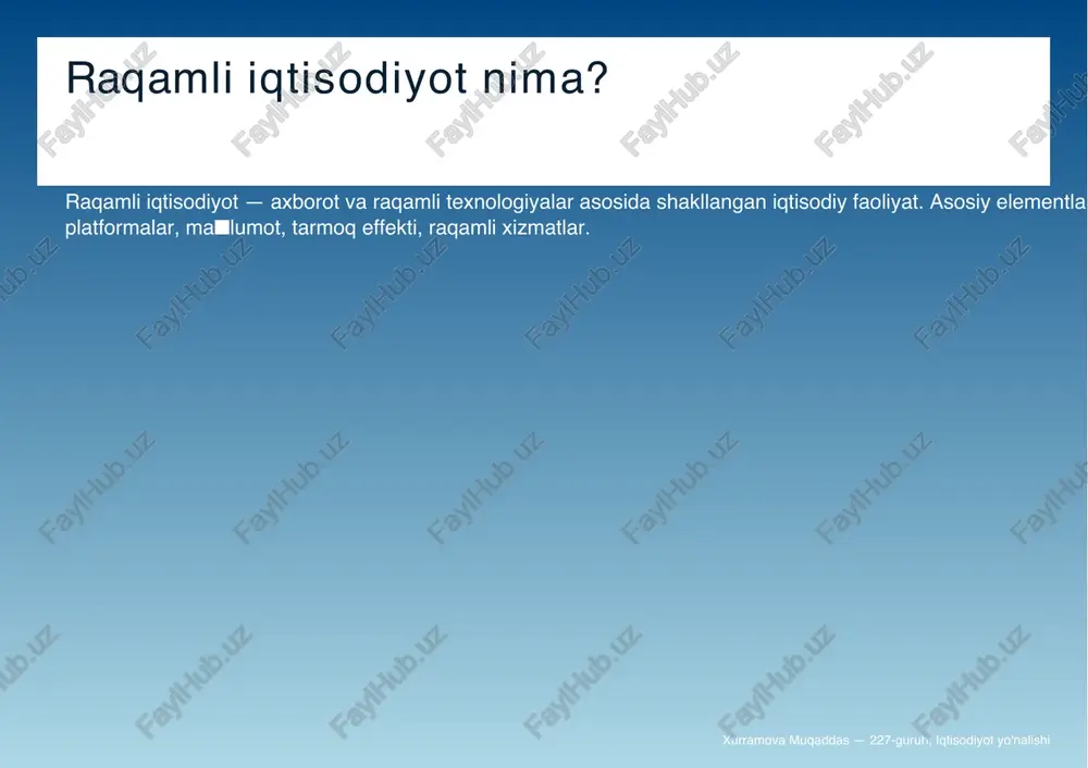xizmatlar roli oshadi. xurramova muqaddas — 227-guruh, iqtisodiyot yo'nalishi xulosa mobil texnologiyalar raqamli iqtisodiyotning muhim drayveridir. afzalliklar katta — lekin regulyatsiya va xavfsizlikni ta■minlash zarur. xurramova muqaddas — 227-guruh, iqtisodiyot yo'nalishi manbalar va rahmat manbalar: rasmiy hisobotlar, maqolalar, amaliy misollar. savollar? rahmat! xurramova muqaddas — 227-guruh, iqtisodiyot yo'nalishi