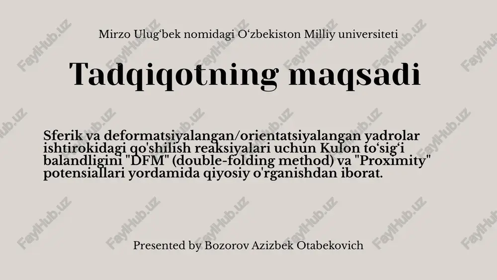 a muhim bo'lgan turli xil sferik bo'lmagan konfiguratsiyalarni namoyish etadi. foydalanilgan adabiyotlar 1.k.n.muxin “yadernaya fizika” “mir” 1964 2. q.t.teshaboev “yadro va elementar zarralar fizikasi” toshkent “o'qituvchi” 1992 3. v, i, zagrebaev “yadernie reaktsii s tyajelimi ionami” dubna 2016 4. b.m. kayumov, o. k. ganiev, a.k. nosirov and g. a. yuldasheva “analysis of the fusion mechanism in the synthesis of superheavy element 119 via the 54cr+243am reaction” 5. o. k. ganiev and a.k. nosirov “comparative analysis of the coulomb barrier the double-folding method” 1 thank you image1.png image2.svg image3.png image4.svg image5.png image6.svg image7.png image8.svg image9.png image10.svg image11.png image12.svg image13.png image14.png image15.png image16.png image17.png image18.png image19.png image20.png /docprops/thumbnail.jpeg