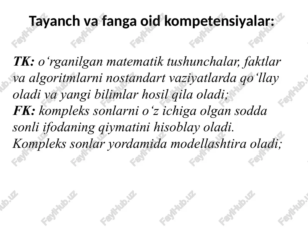 .kompleks sonning algebraik ko’rinishini yozing,misol keltiring. 2. ikkita kompleks son qachon teng bo’ladi? 3)qarama-qarshi kompleks son nima? 4) qo’shma kompleks sonlar nima? 5) o’zaro teskari kompleks sonlar nima? mashqlar va test savolari №1 kompleks sonlarning haqiqiy va mavhum qismlarini ayting. 1)z=-3+7i ; re(z)=-3 va im(z)=7 №2 kompleks sonlarni algebraik ko’rinishda yozing. 1) re(z)=4 va im(z)=5 yechish:z=a+bi kompleks sonda a=4 , b=5 z=4+5i mashqlar №5 z soniga qo’shma bo’lgan ž ni toping. 1)z=5-3i;bu soga qo’shma son ž =5+3i №6 z soniga qo’shma bo’lgan ž ni toping. 4)z=-2i+(7+3i) bu soga qo’shma sonni topish uchun yig’ndini hisoblaymiz, ž = z=-2i+(7+3i)=7+i ž=7-i №7-№8yig’ndini toping. 1)(-5+3i)+(2-i) (-5+3i)+(2-i)=(-5+2)+(3i-i)= =-3+2i kompleks sonni tekislikda tasvirlashga doir mashqlar 17-misol. kompleks sonlarni grafikda tasvirlang. 1)z=3+4i y ∙ 4 z=3+4i ∙ 0 3 x y ∙ ∙ 5 • z=5+5i ∙ 0 5• x uyga vazifa 10-12 misollar image1.gif image2.wmf image3.wmf oleobject1.bin oleobject2.bin oleobject3.bin image4.wmf oleobject4.bin image5.wmf oleobject5.bin image6.png image7.png image8.png …