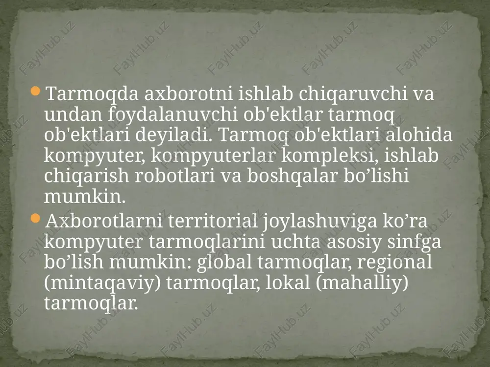 ning shinali boglanishida ma'lumotlar uzatuvchi kompyuterdan shina bo’yicha har ikki tomonga uzatiladi. yulduzsimon bog’lanishda markaziy kompyuter mavjud bo’lib, unga qolgan barcha kompyuterlar boglangan bo’ladi. image3.jpeg image4.jpeg image5.jpeg /docprops/thumbnail.jpeg